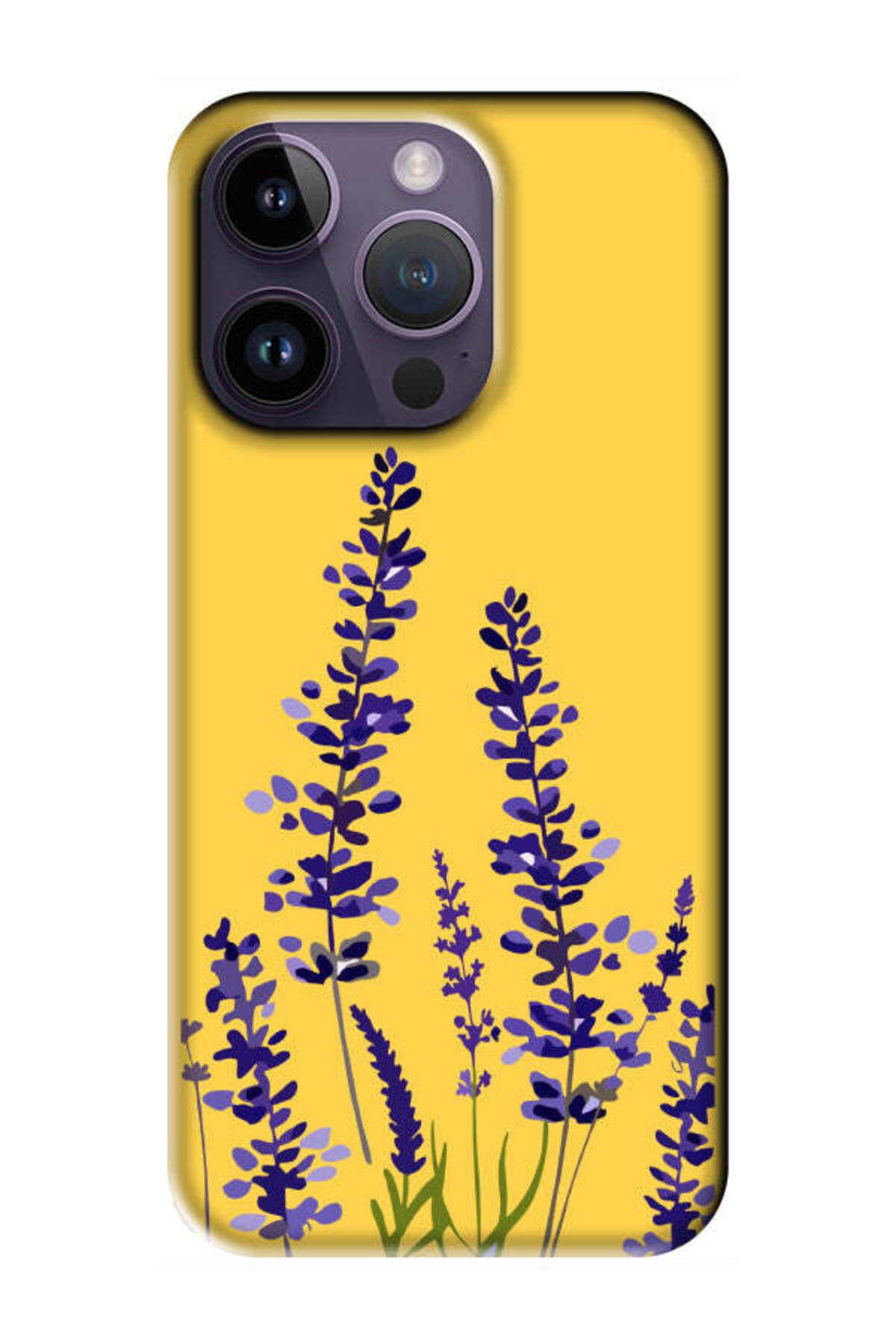 frondcase iPhone 14 Pro Max Lavanta Desenli Sarı Telefon Kılıfı