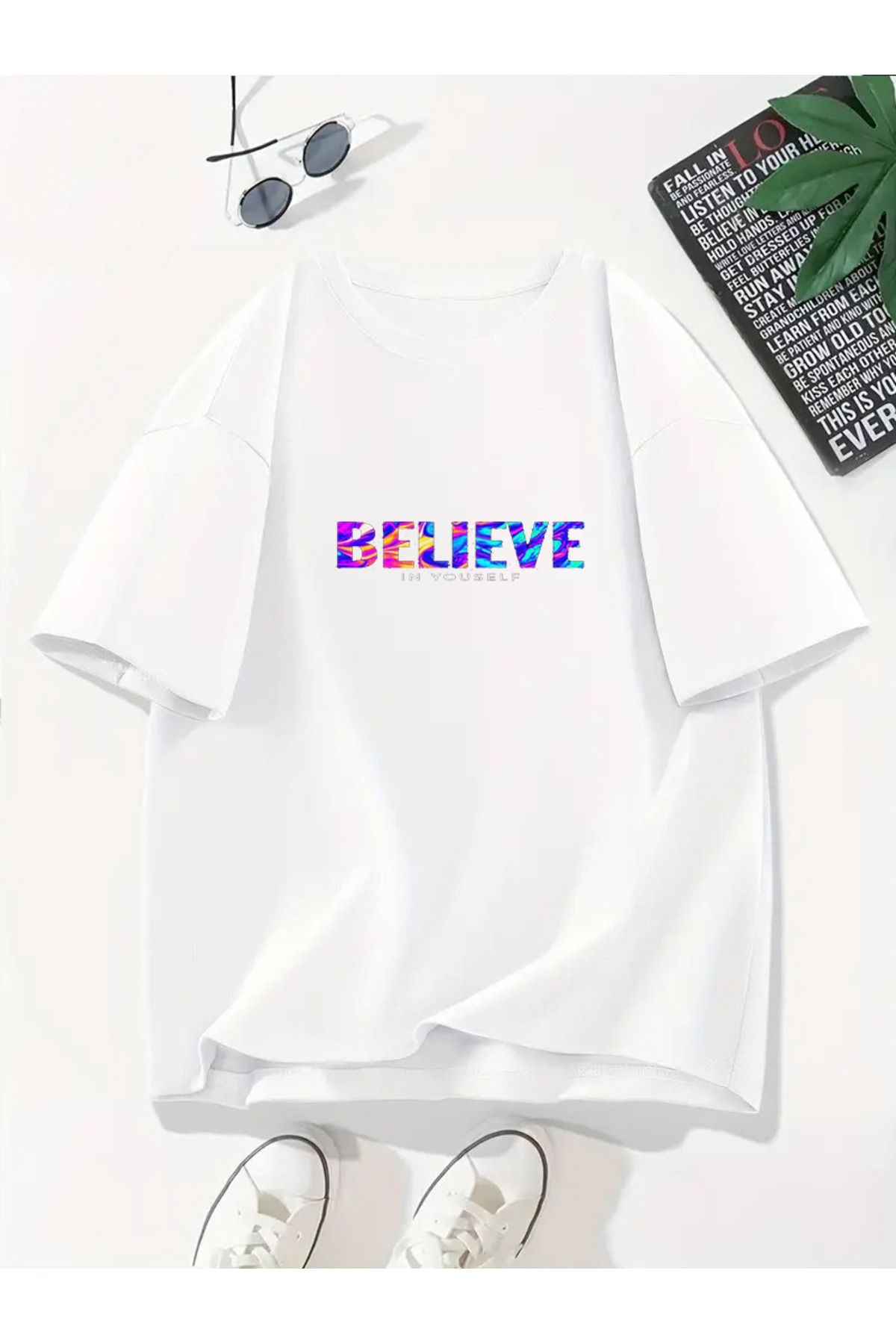 MODA Unisex Oversize Kalıp Believe Baskılı T-Shirt