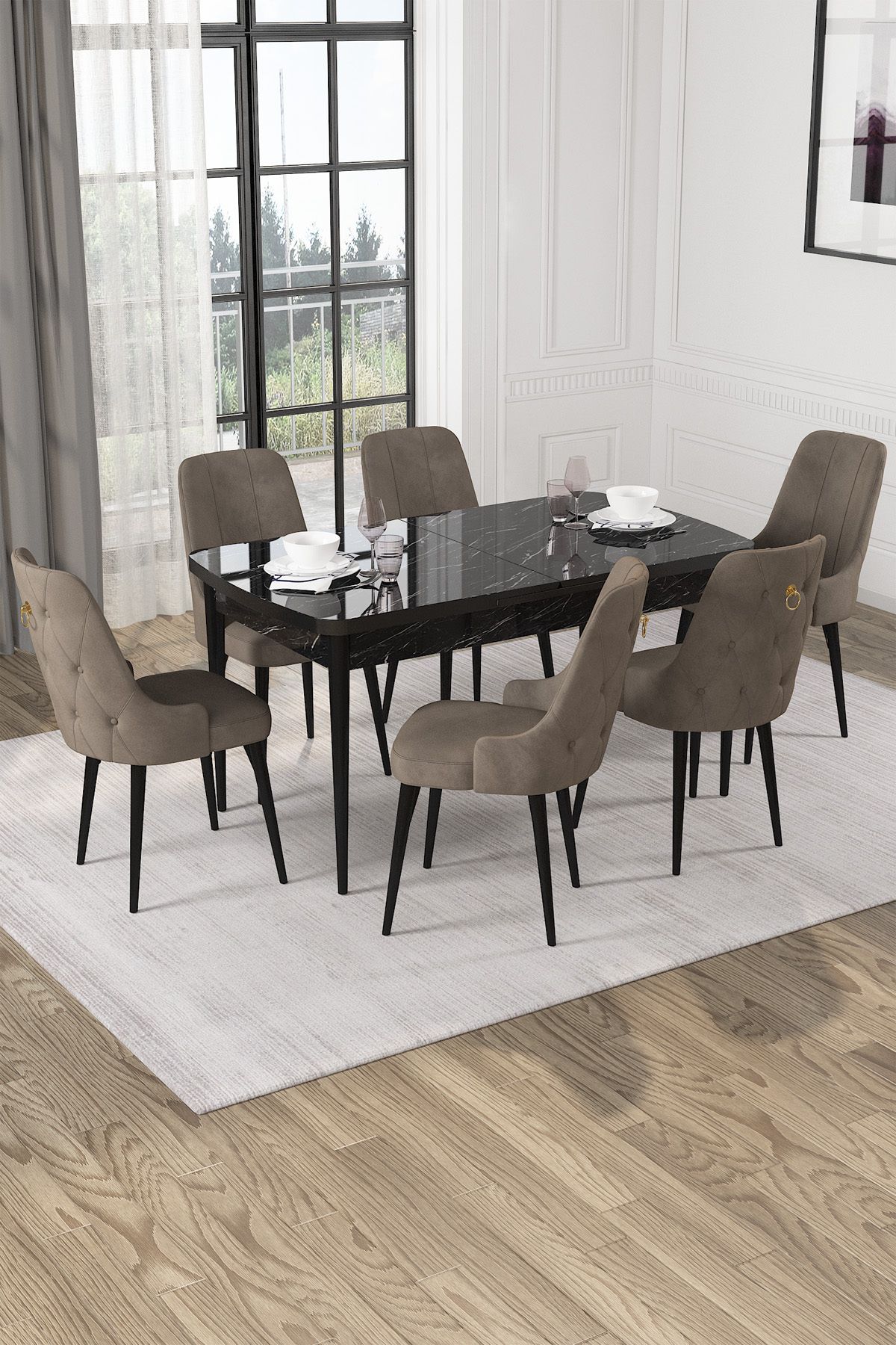 Hira Wessa Serisi 80x132 Açılabilir MDF Siyah Mermer Desen Masa Takımı 6 Cappucino Sandalye