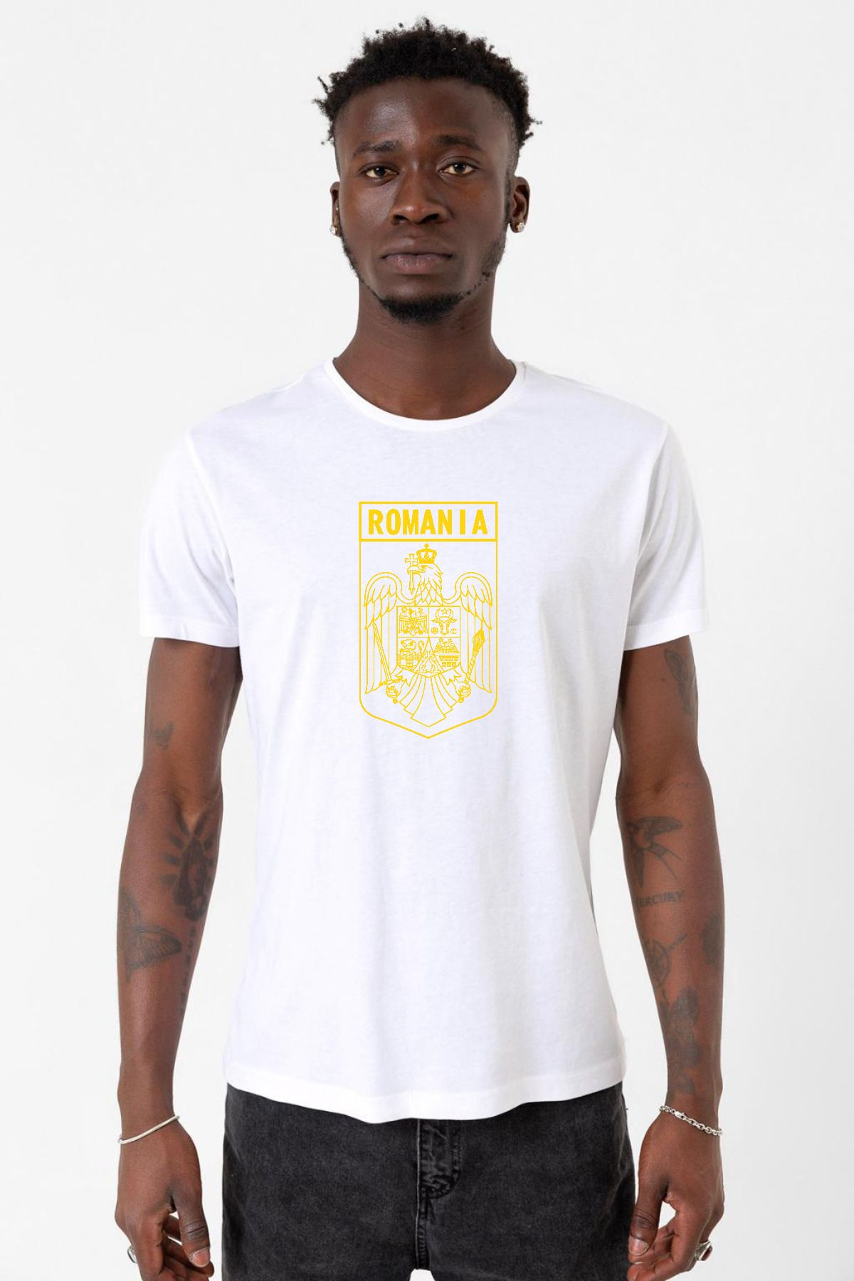 Tshirthane Romania Coat Arms Beyaz Erkek Bisikletyaka Tshirt