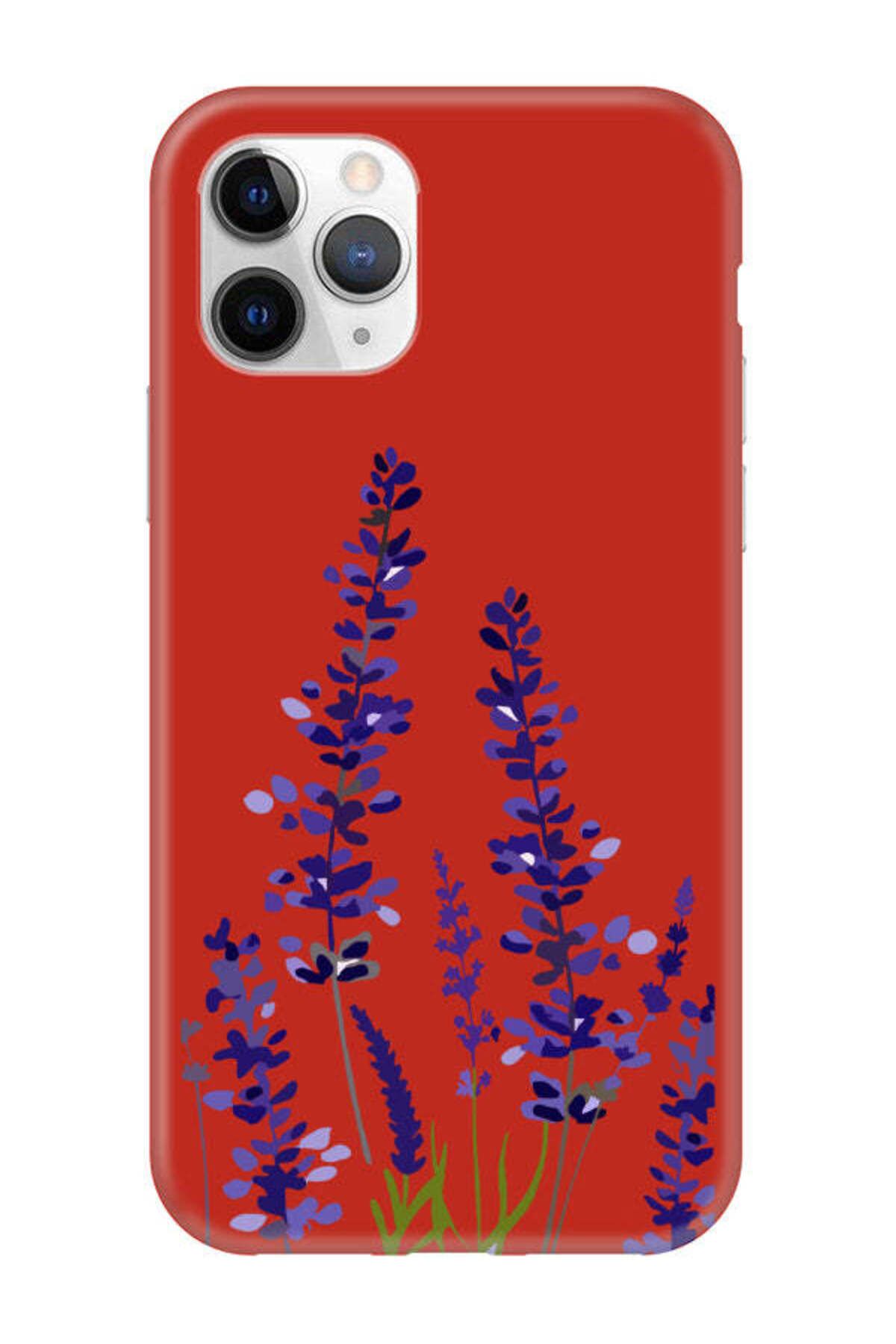 frondcase iPhone 11 Pro Lavanta Desenli Kırmızı Telefon Kılıfı