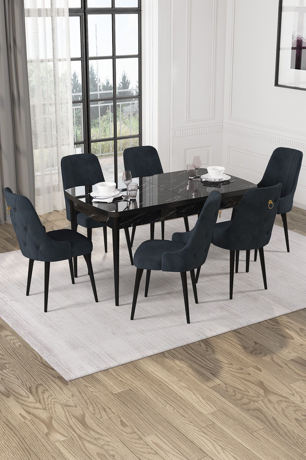 Hira Wessa Serisi 80x132 Açılabilir MDF Siyah Mermer Desen Masa Takımı 6 Antrasit Sandalye