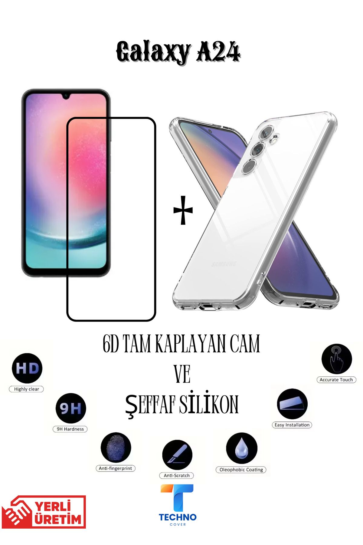 foxpower Samsung A24 6D Tam Kaplayan Ekran Koruyucu ve Şeffaf Kılıf 2li Avantajlı Paket