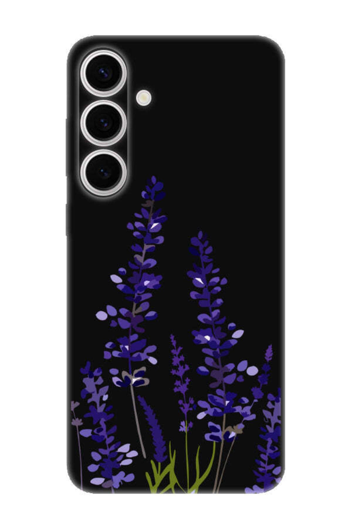 frondcase Samsung S24 Fe Lavanta Desenli Siyah Telefon Kılıfı