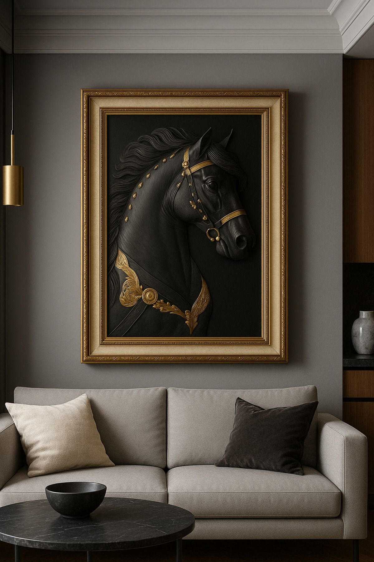 Mareluxe Gold Detaylı Siyah At Rölyef Tablo | 3D Kabartmalı Cam Çerçeveli Lüks Duvar Dekoru – Sanatsal Tablo