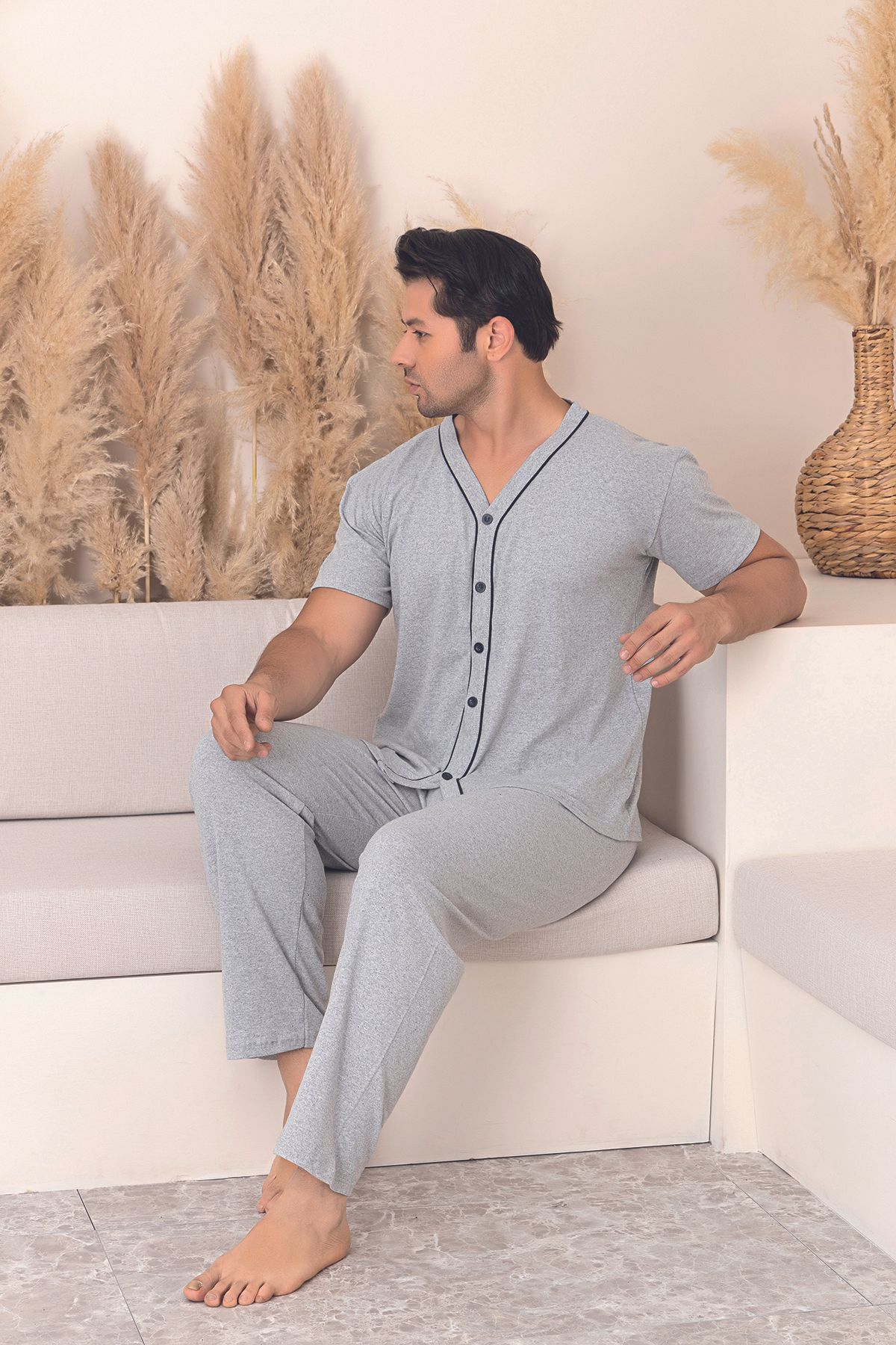 Sude HOMEWEAR ERKEK BİYELİ KISA KOL GÖMLEK PİJAMA TAKIMI