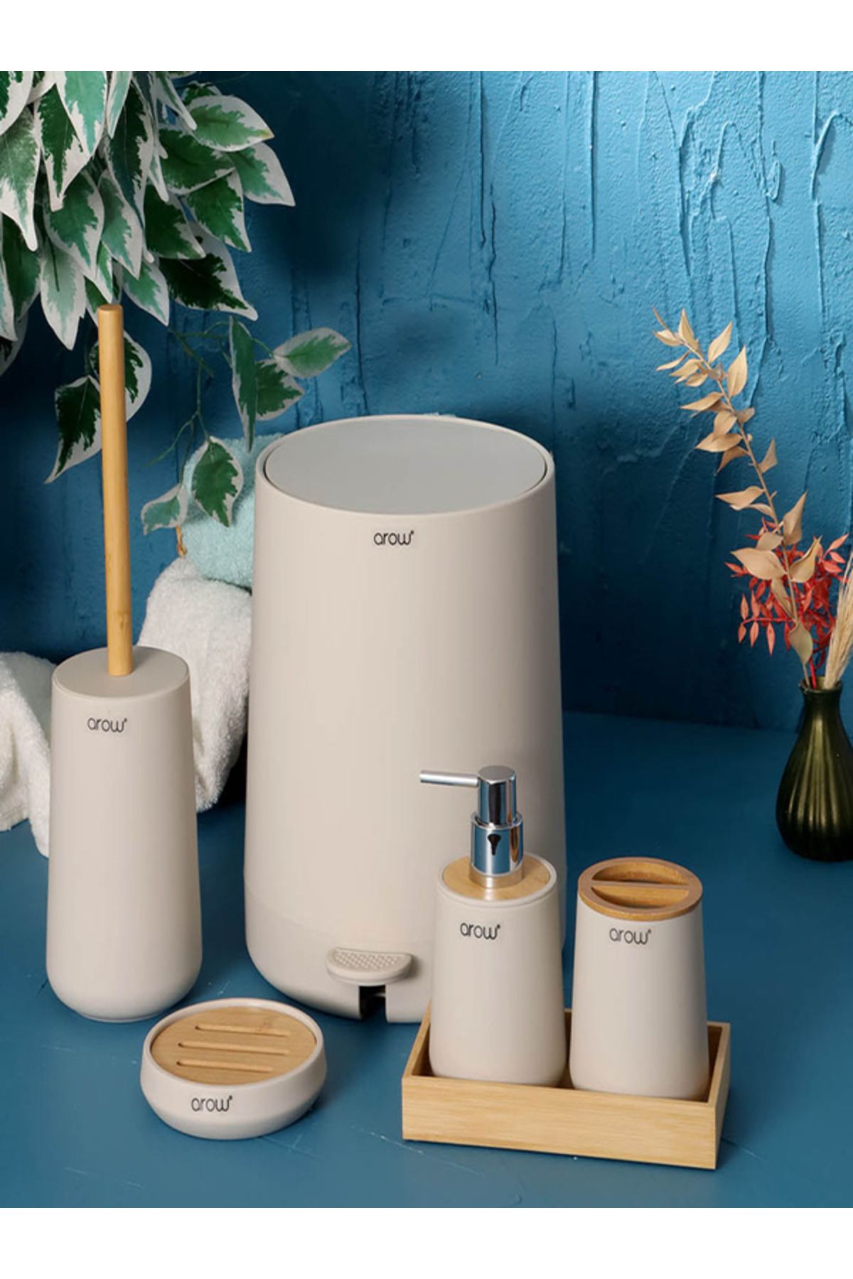 Home bambu kapaklı akrilik 6 parça yuvarlak banyo seti