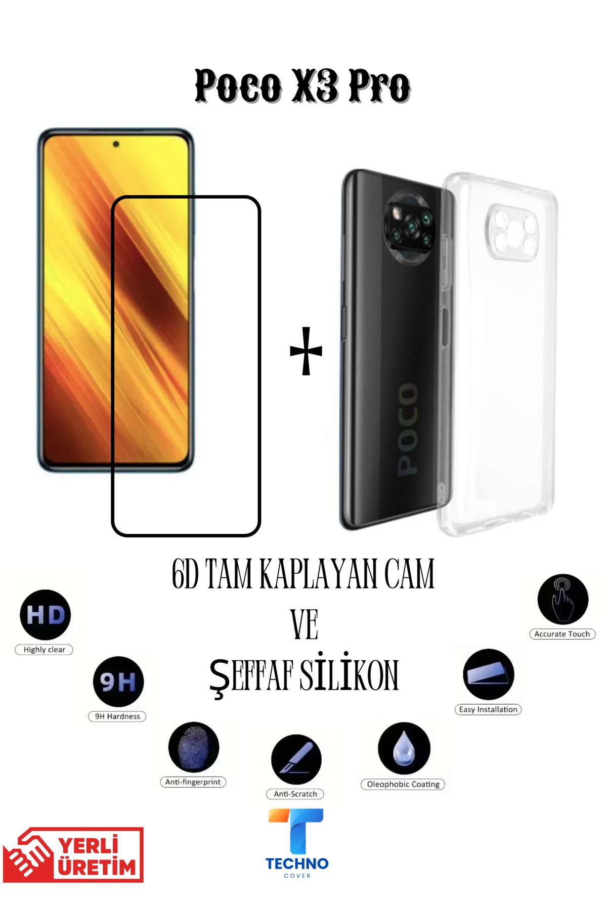 foxpower Poco X3 Pro 6D Tam Kaplayan Ekran Koruyucu ve Şeffaf Kılıf 2li Avantajlı Paket