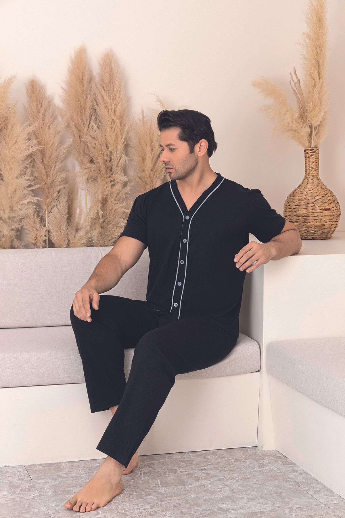 Sude HOMEWEAR ERKEK BİYELİ KISA KOL GÖMLEK PİJAMA TAKIMI