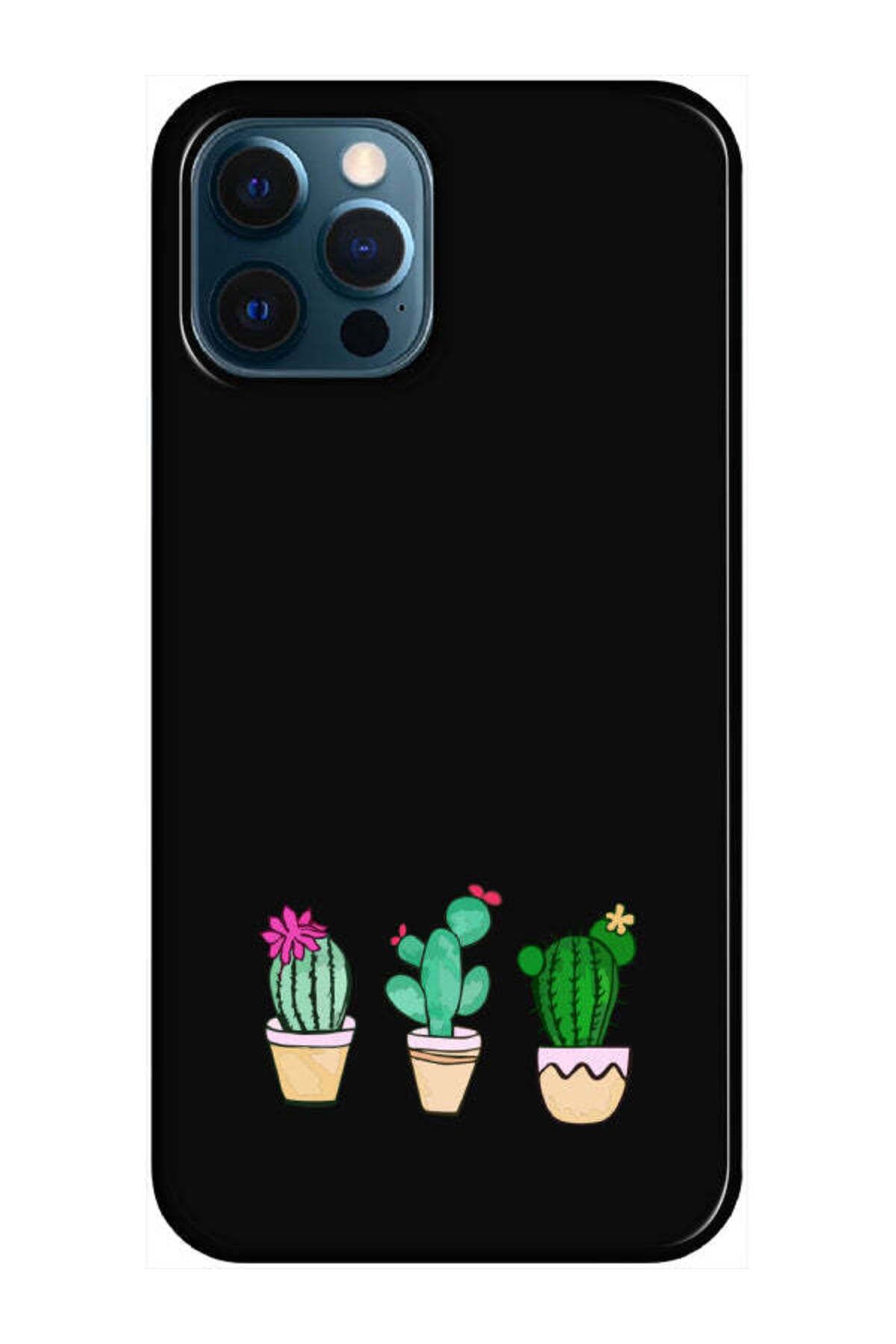 frondcase iPhone 12 Pro Kaktüs Desenli Siyah Telefon Kılıfı
