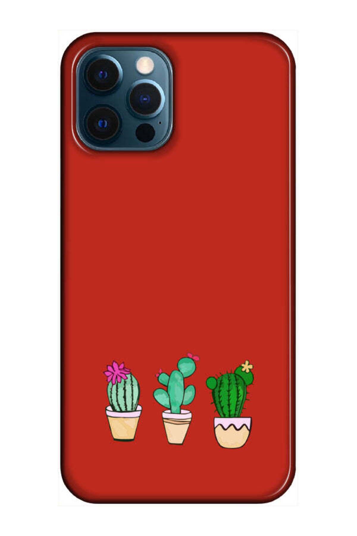 frondcase iPhone 12 Pro Kaktüs Desenli Kırmızı Telefon Kılıfı