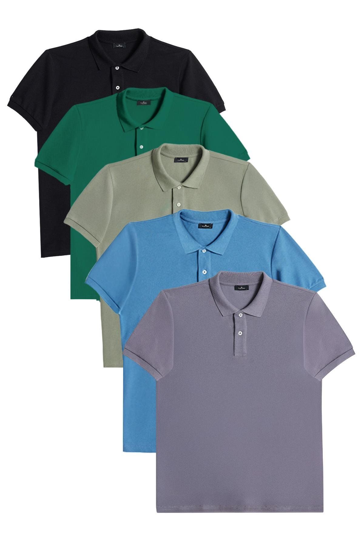 Tudors Erkek 5'li Paket Gri-Mavi-Haki-Yeşil-Siyah Slim Fit Pamuklu Düz Pike Polo Yaka Tişört