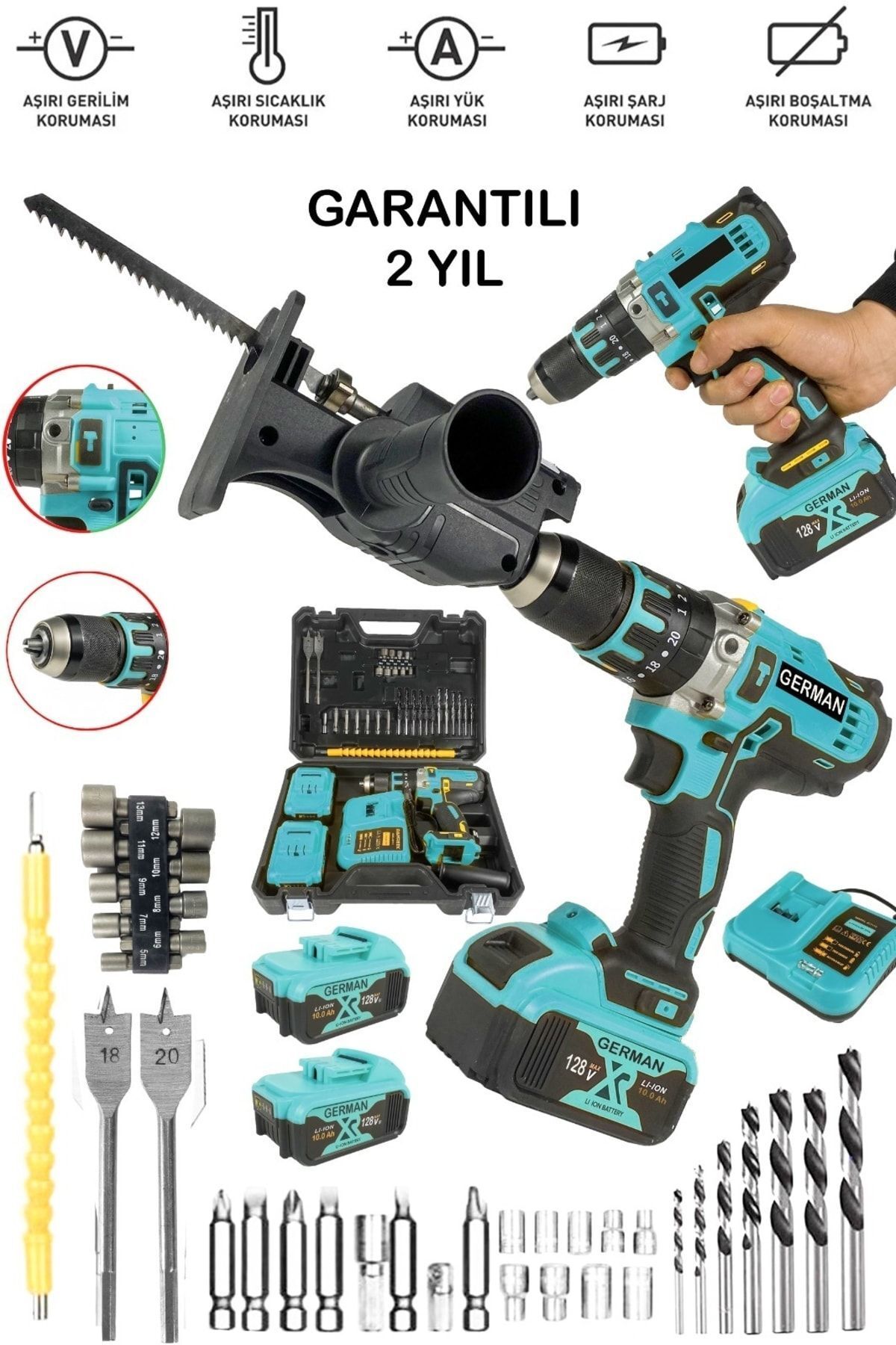 SerenityHaven 128 Vf Bakır Sargı Darbeli Şarjlı Matkap 2 Akü Metal Şanzıman Vidalama Tilki Testere Aparat 44 Setl