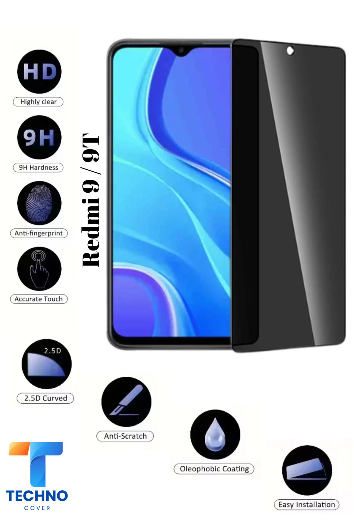 foxpower Redmi 9 / 9T Uyumlu Tam Kapatan Hayalet Ekran Koruyucu 6D Temperli Cam