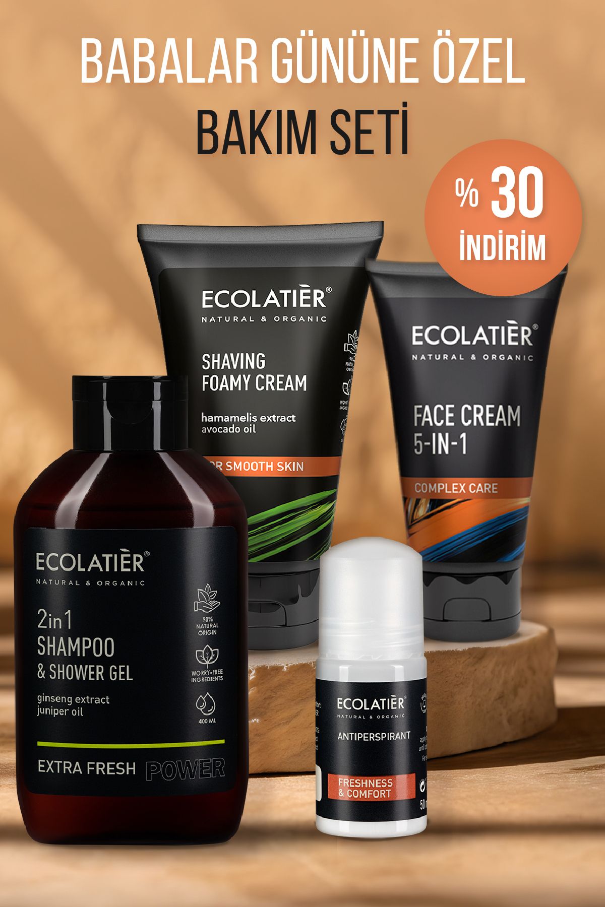 ECOLATIER Erkek Bakım Seti 4’lü: Erkek Şampuanı ve Duş Jeli, Yüz Kremi, Roll On, Tıraş Kremi Hediye Erkek Set