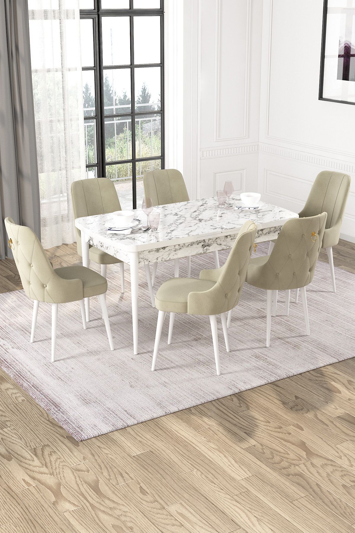 Hira Wessa Serisi 80x132 Açılabilir MDF Beyaz Mermer Desen Masa Takımı 6 Krem Sandalye
