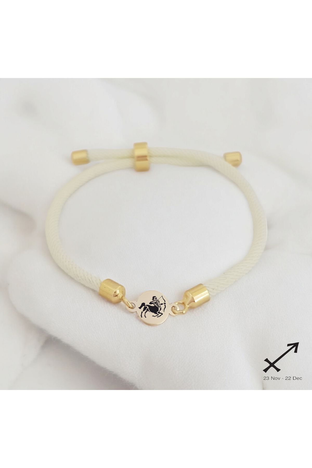 ARCHINO GOLD Yay Burçları İçin Yuvarlak Motifli Örgü İpli 14 Ayar Altın Plakalı Hediye Bileklik-476burç-beyaz