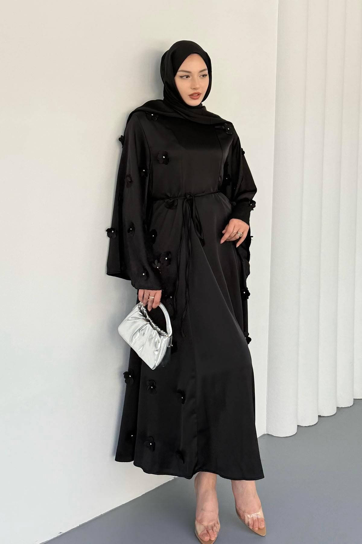 Modaensarbutik Mini Çiçek Detay Saten Tesettür Elbise-SİYAH