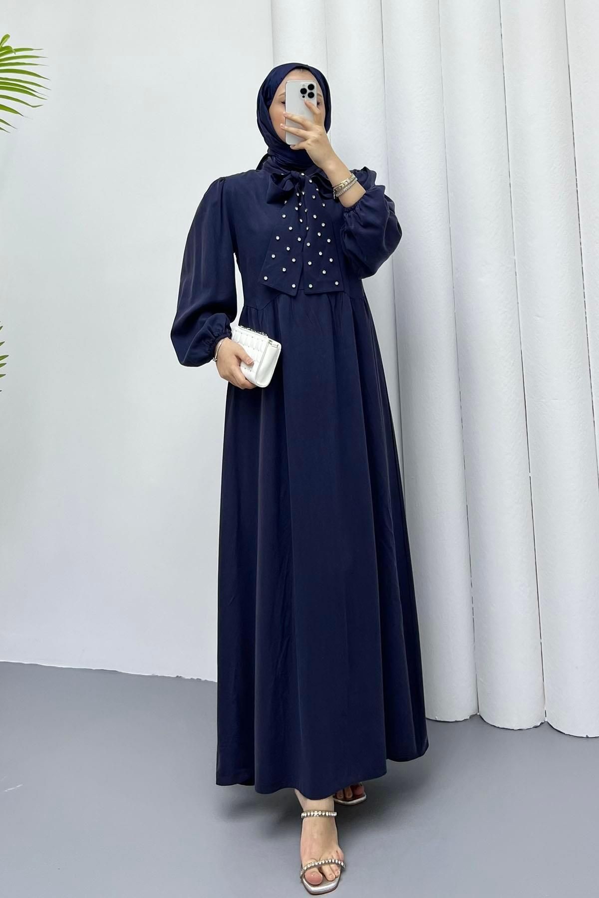 Modaensarbutik Fuları Taş Detay Tesettür Elbise-laci̇vert