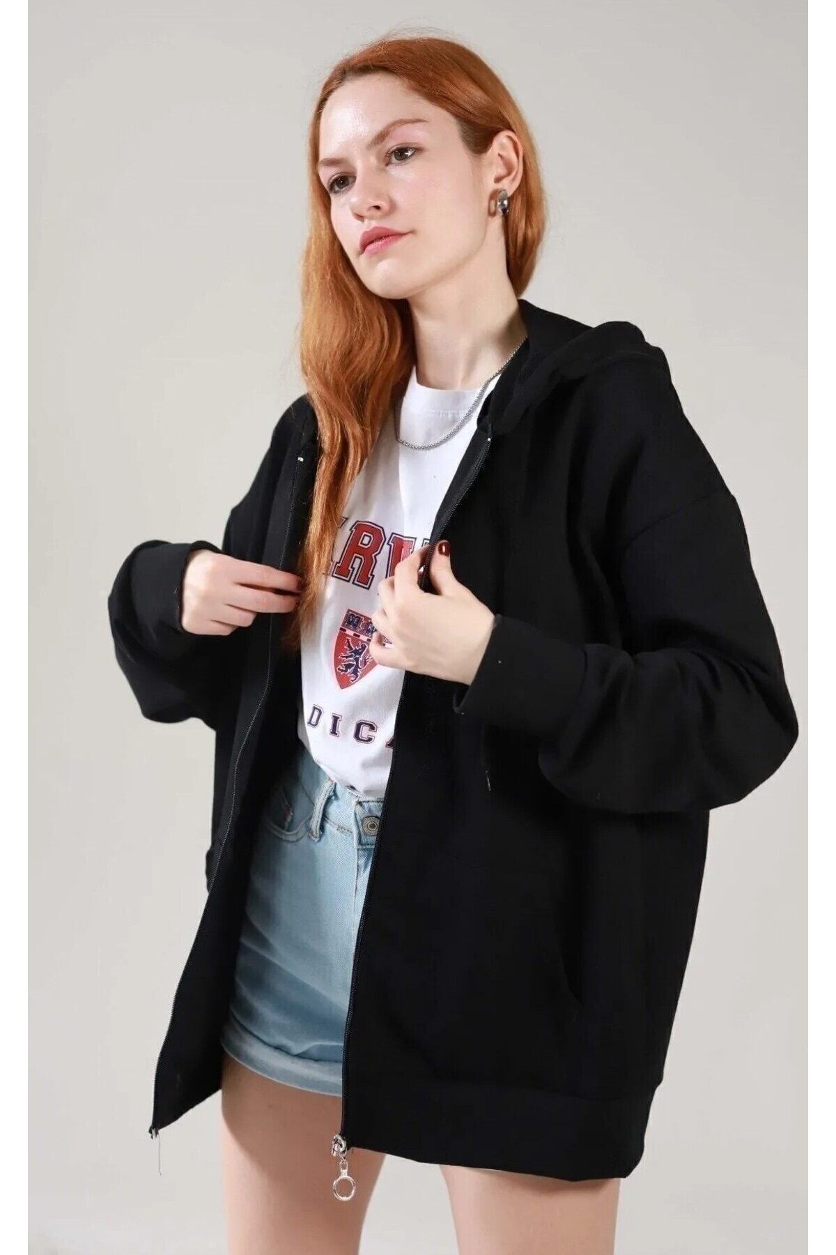 Syndra Siyah Iki Iplik Basic Oversize Hırka görsel 4