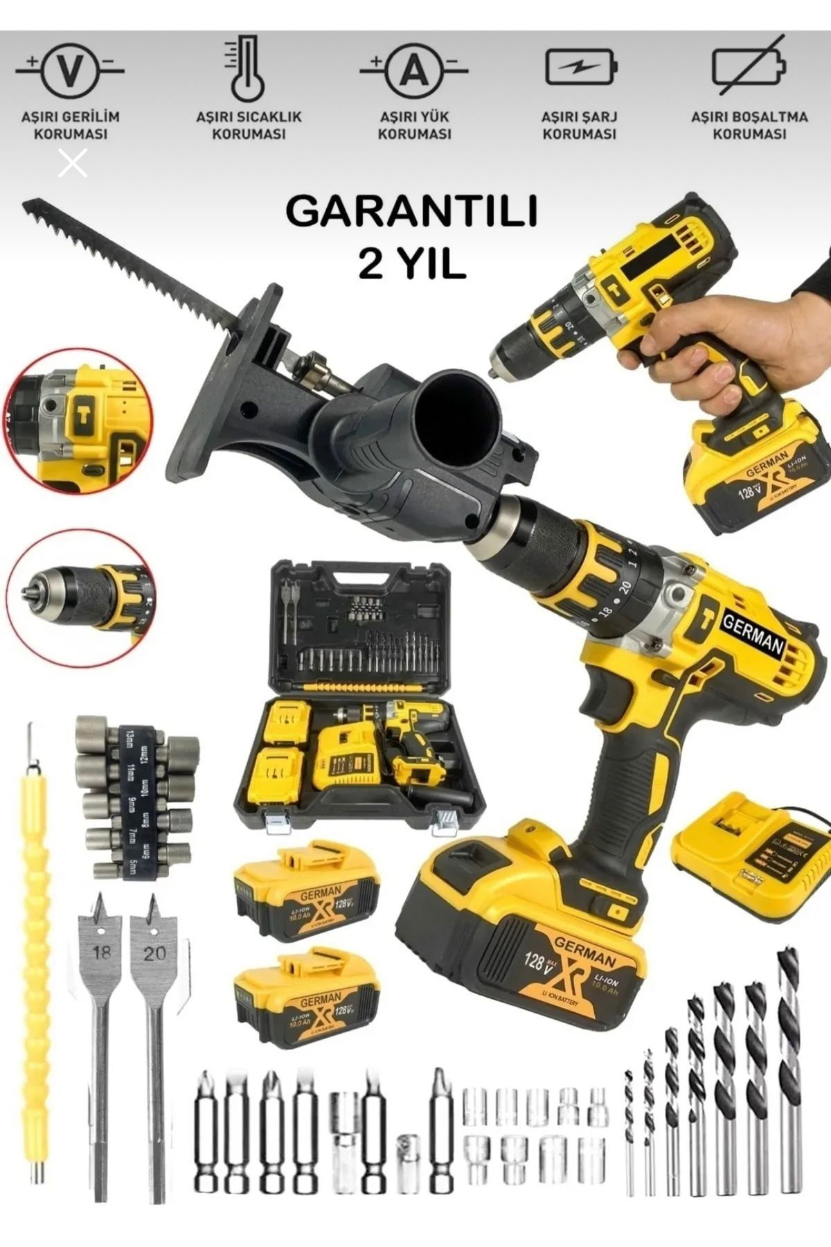 SerenityHaven 2'li Set 4890RP Bakır Sargı Darbeli Şarjlı Matkap Metal Şanzıman Vidalama Tilki Testere Aparat SARI