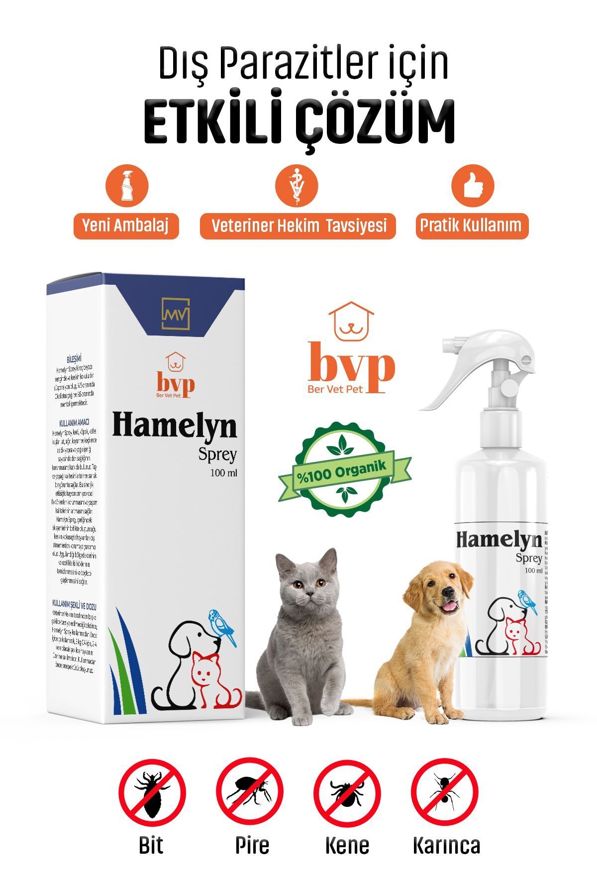 Ber vet pet Hamelyn 100ml Pire Spreyi Kene,karınca, Bit Köpek Ve Kedi Dış Parazit Kafes Kuşları, Tavşan