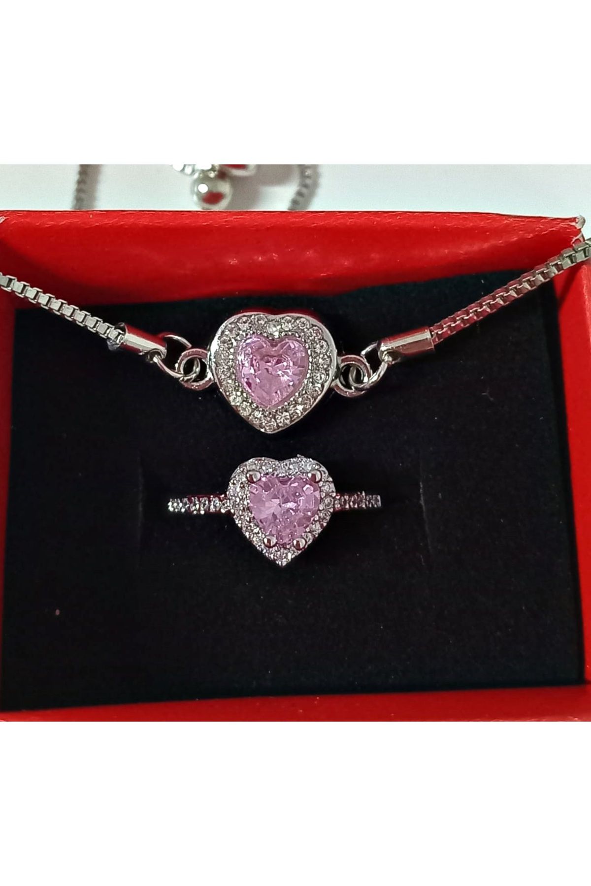 mos&more Pembe Taşlı Kalp Asansörlü Bileklik Ve Yüzük Seti