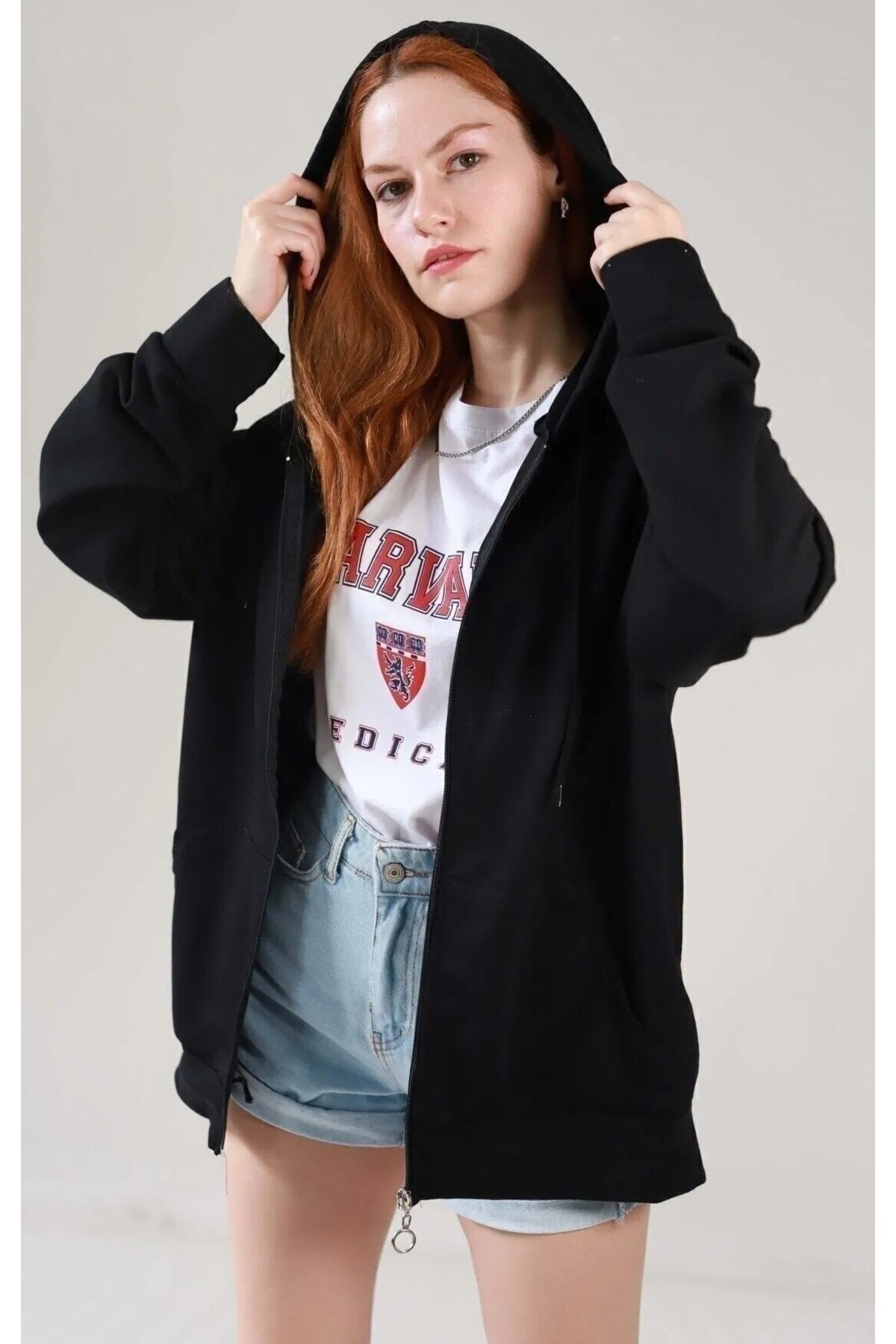 Syndra Siyah Iki Iplik Basic Oversize Hırka görsel 6