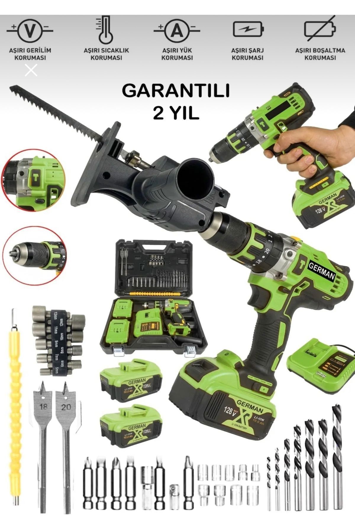 SerenityHaven 2'li Set 4890RP Bakır Sargı Darbeli Şarjlı Matkap Metal Şanzıman Vidalama Tilki Testere Aparat YEŞİ
