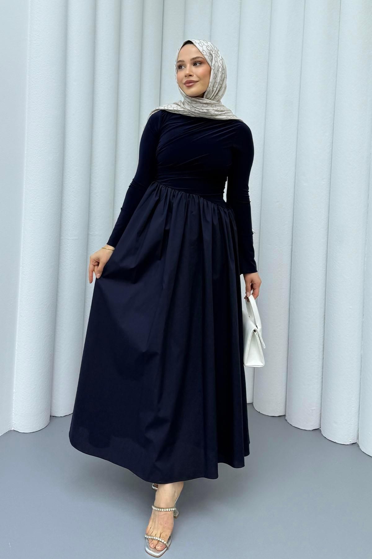 Modaensarbutik Garnili Asimetrik Tesettür Elbise-laci̇vert