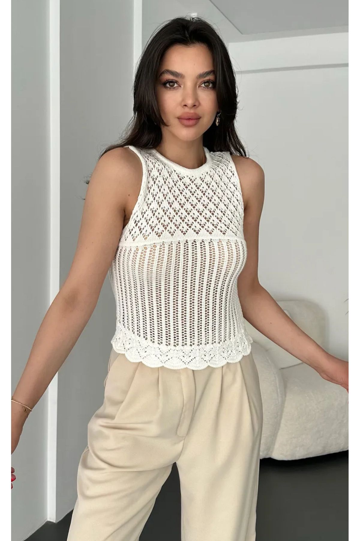 Noi Belis Sıfır Kol Ajurlu/Delikli İnce Yazlık Bluz SS25BZ0024