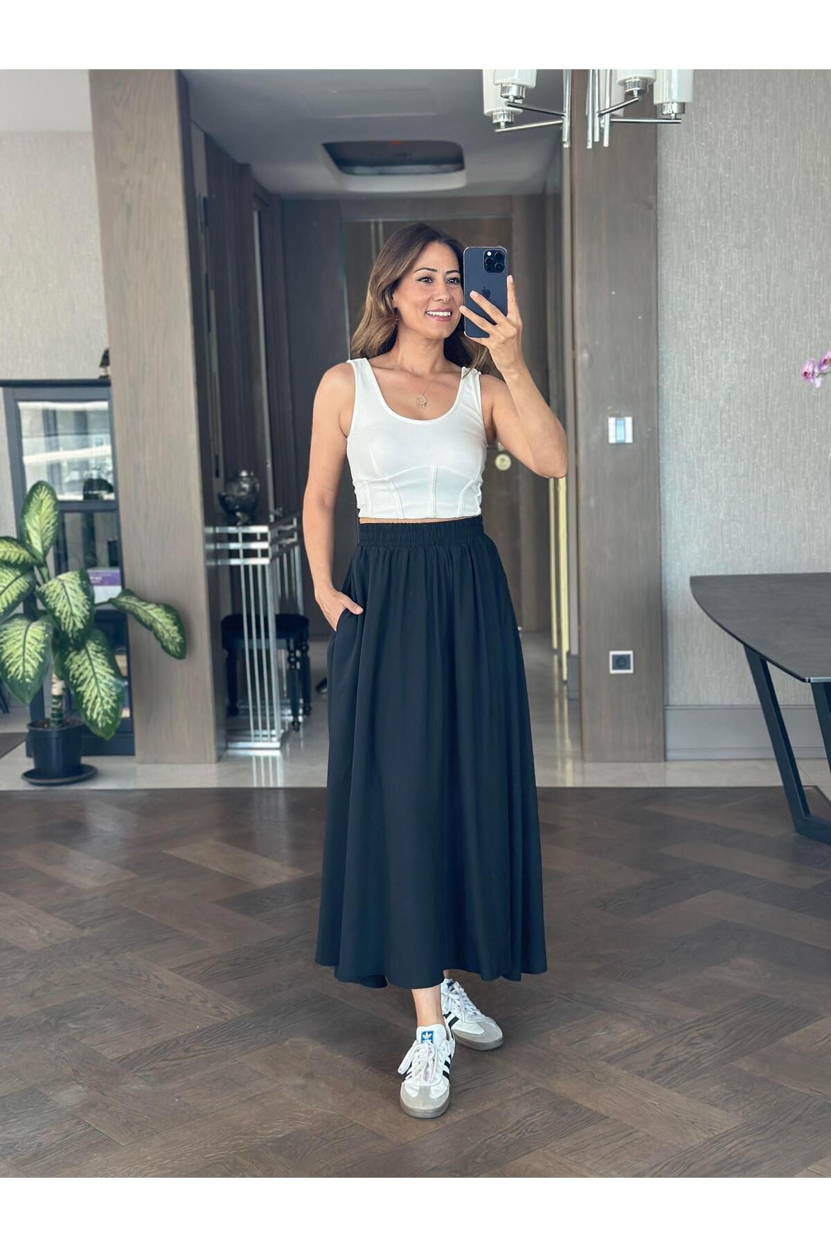 Forlady Butik Siyah Tnsl Kumaş Beli Lastikli Cepli Kadın Midi Boy Etek
