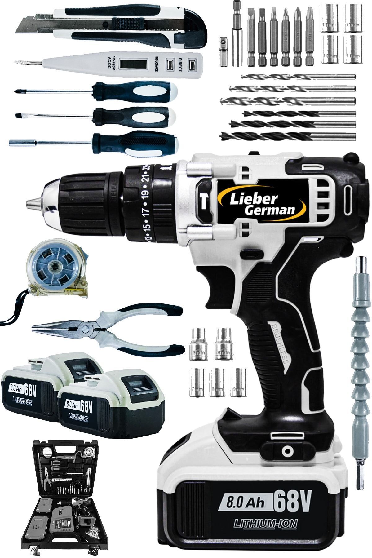 SerenityHaven 58 Volt 8 Amper Çift Akülü Metal Şanzuman 30 Pcs Bakır Sargılı Şarjlı Vidalama Matkap.