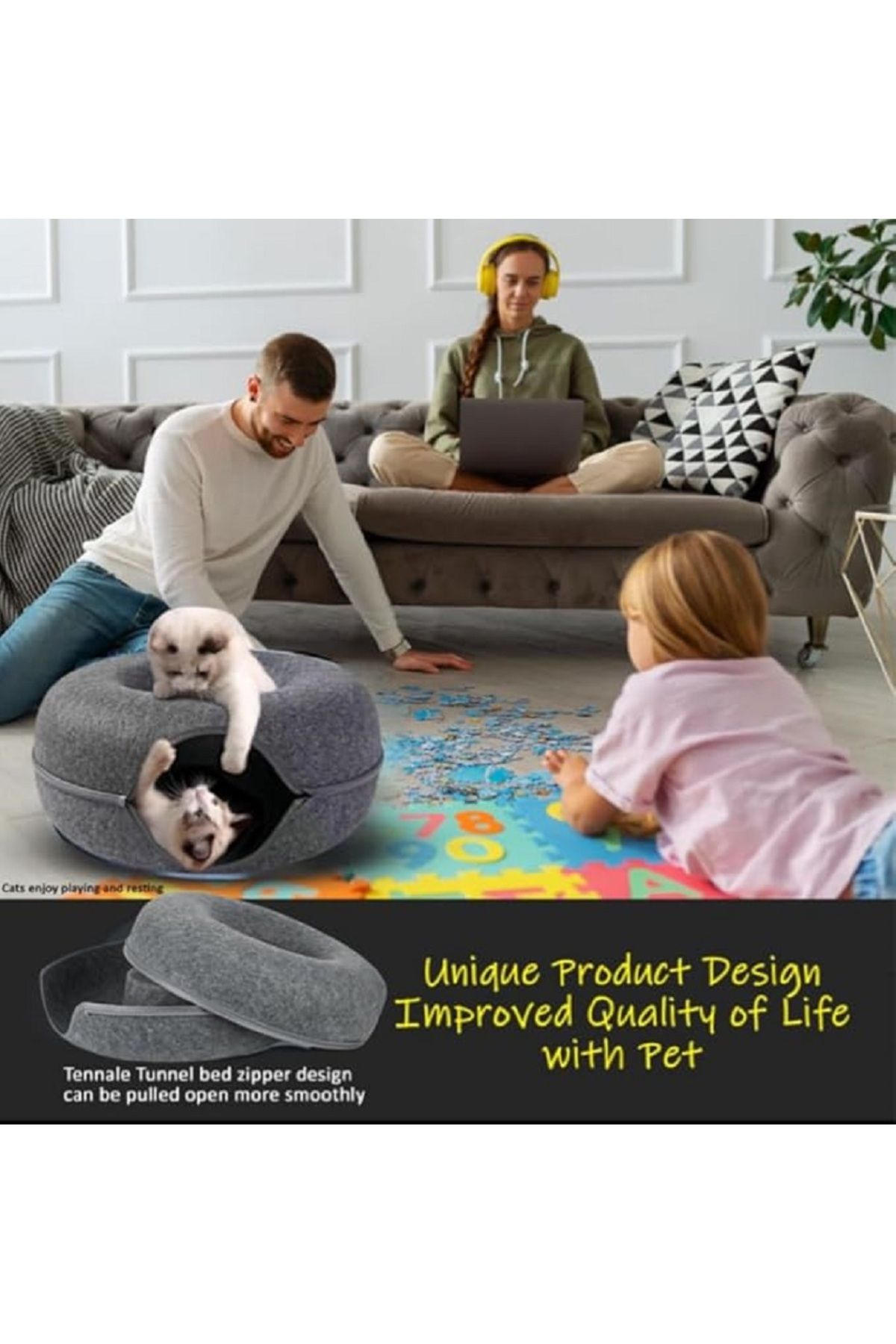 homelifestyle Home Serisi Keçe Donut Tünel Kedi Yatağı & Oyuncağı - Koyu Gri (60 * 60 * 28 CM)