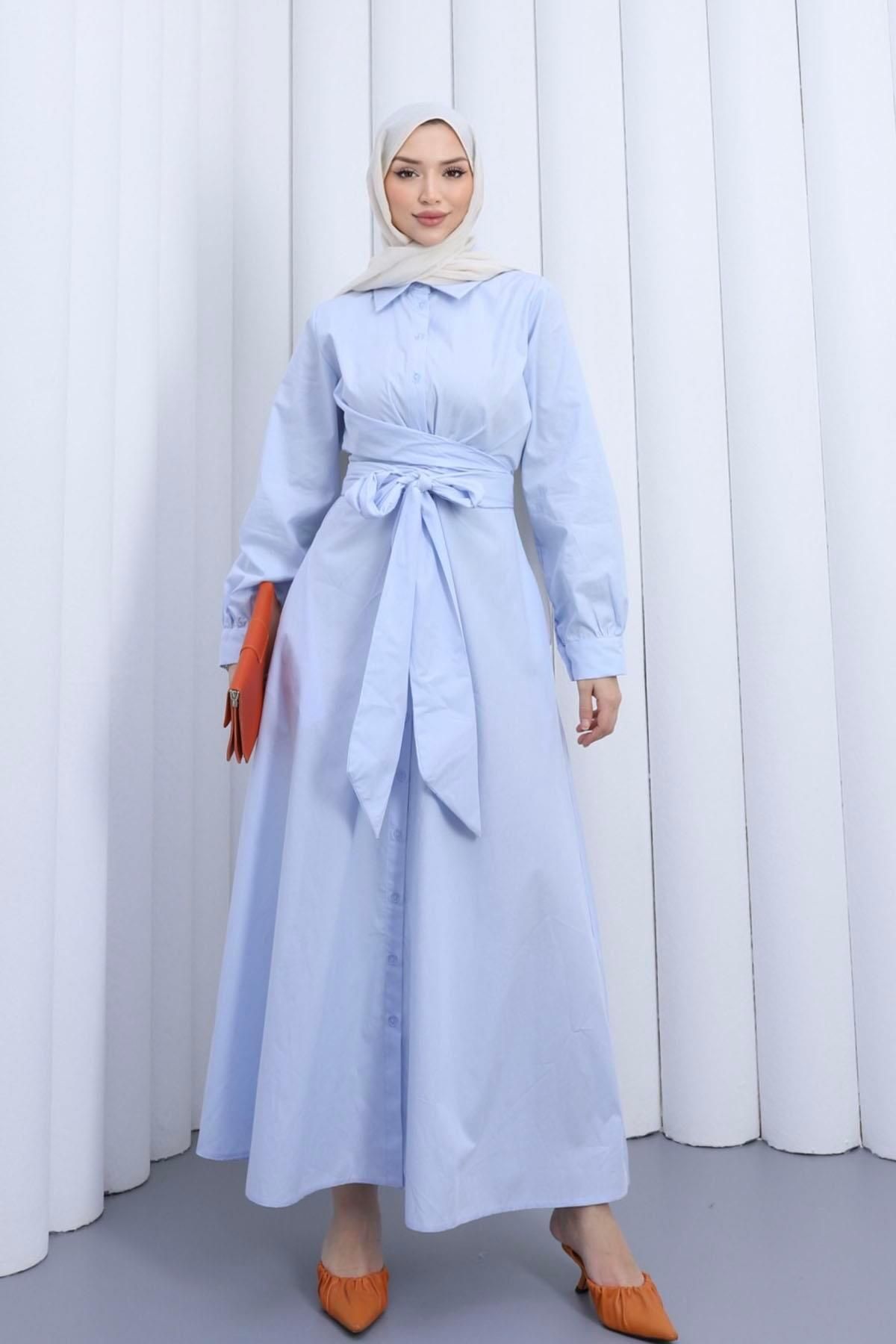 Modaensarbutik Önden Bağlamalı Poplin Tesettür Elbise-MAVİ