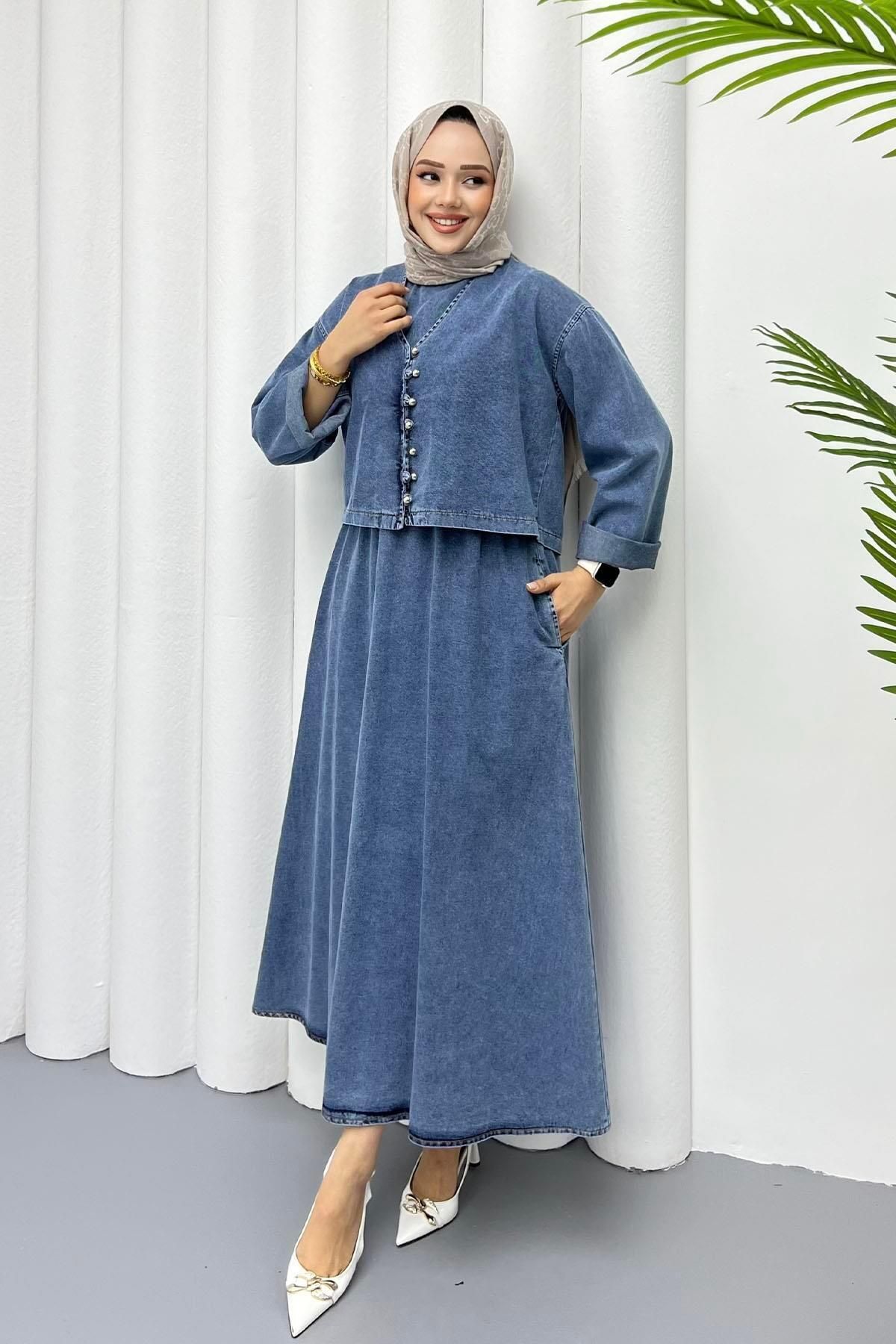 Modaensarbutik Jile Gömlek Detaylı Denim Tesettür Elbise-MAVİ