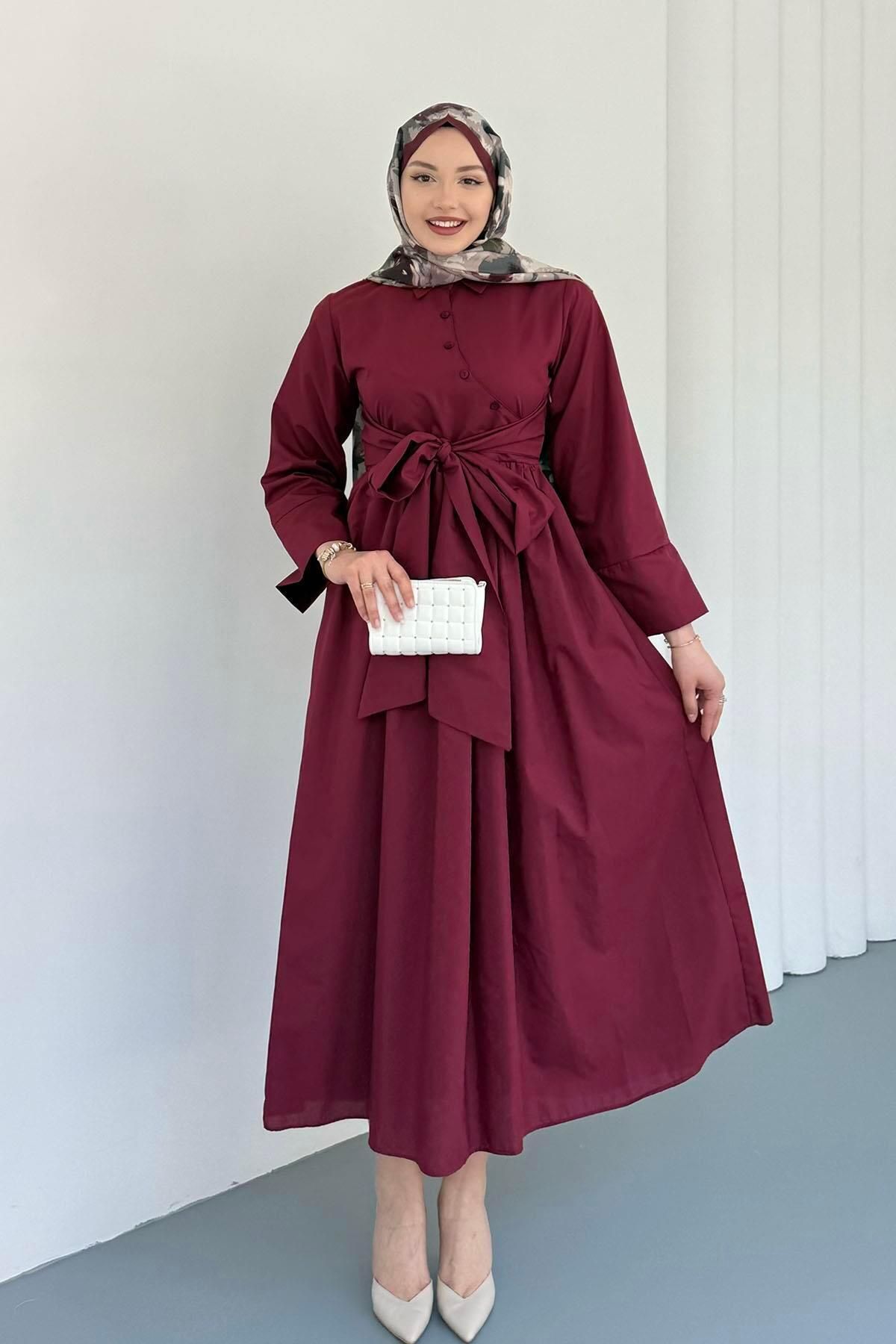 Modaensarbutik Çapraz Düğme Detaylı Bağlamalı Poplin Tesettür Elbise-BORDO