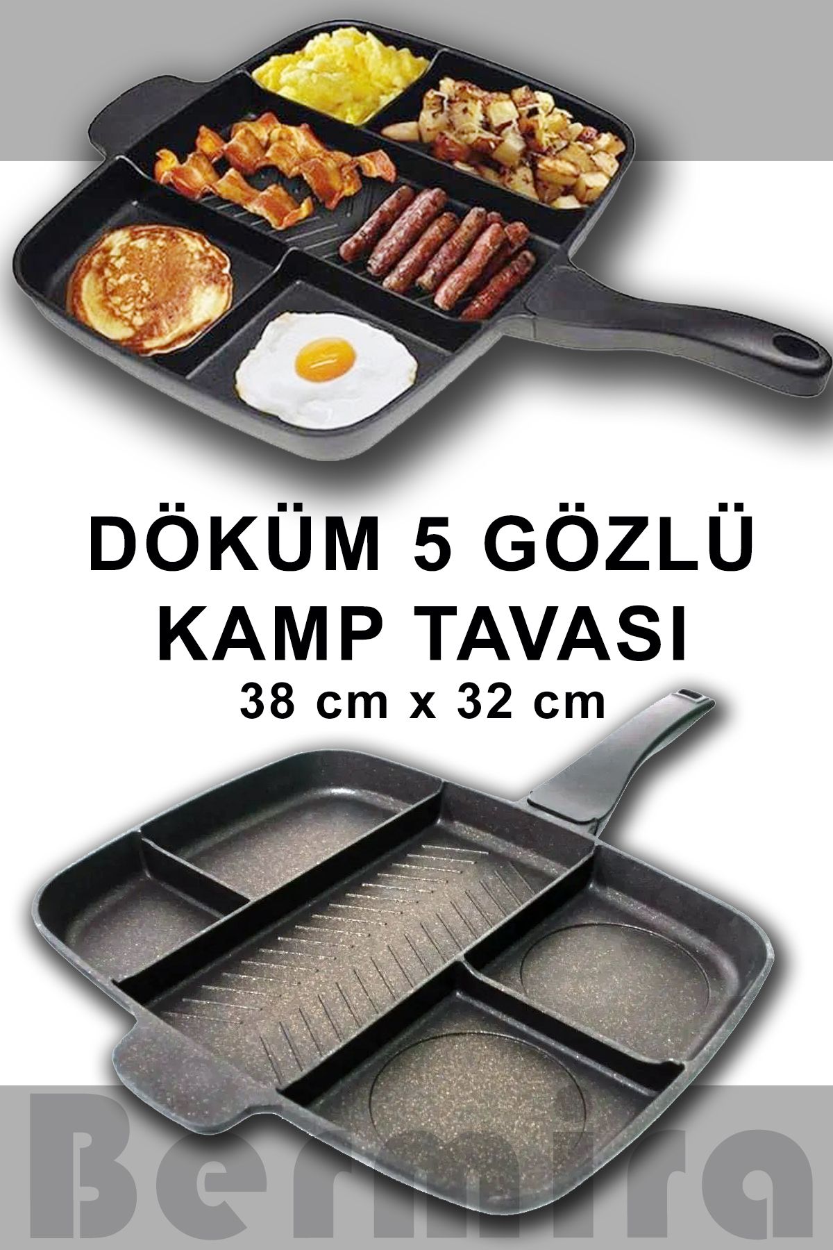 BERMİRA Home Collection Bermira Granit Tava Döküm 5 Gözlü Siyah Tava Yanmaz Yapışmaz Tava 5 Bölmeli 38x32 Cm