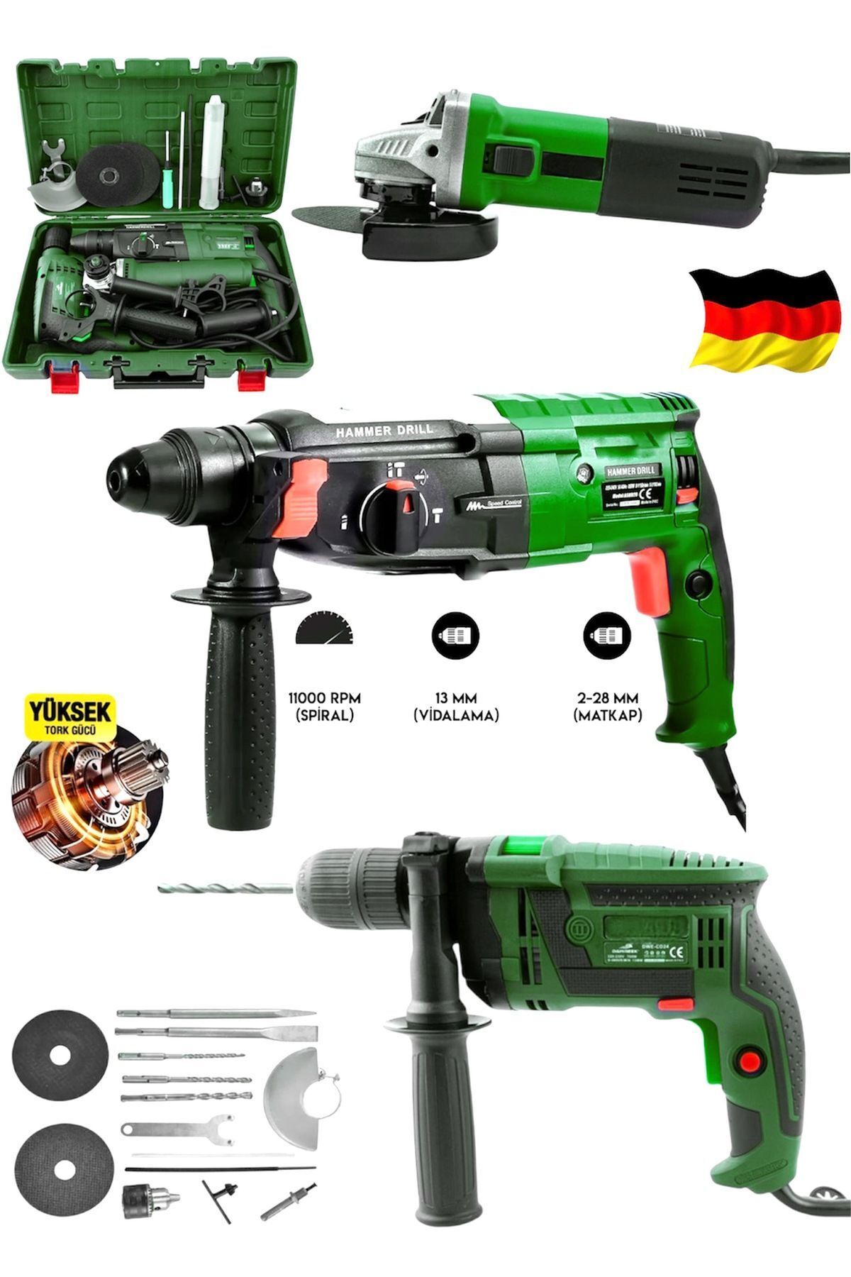 SerenityHaven Profesyonel 3900F 3'Lü Set 2-28 Hilti Matkap + 13 MM Darbeli Matkap Vidalama + 115 mm Taşlama Spira