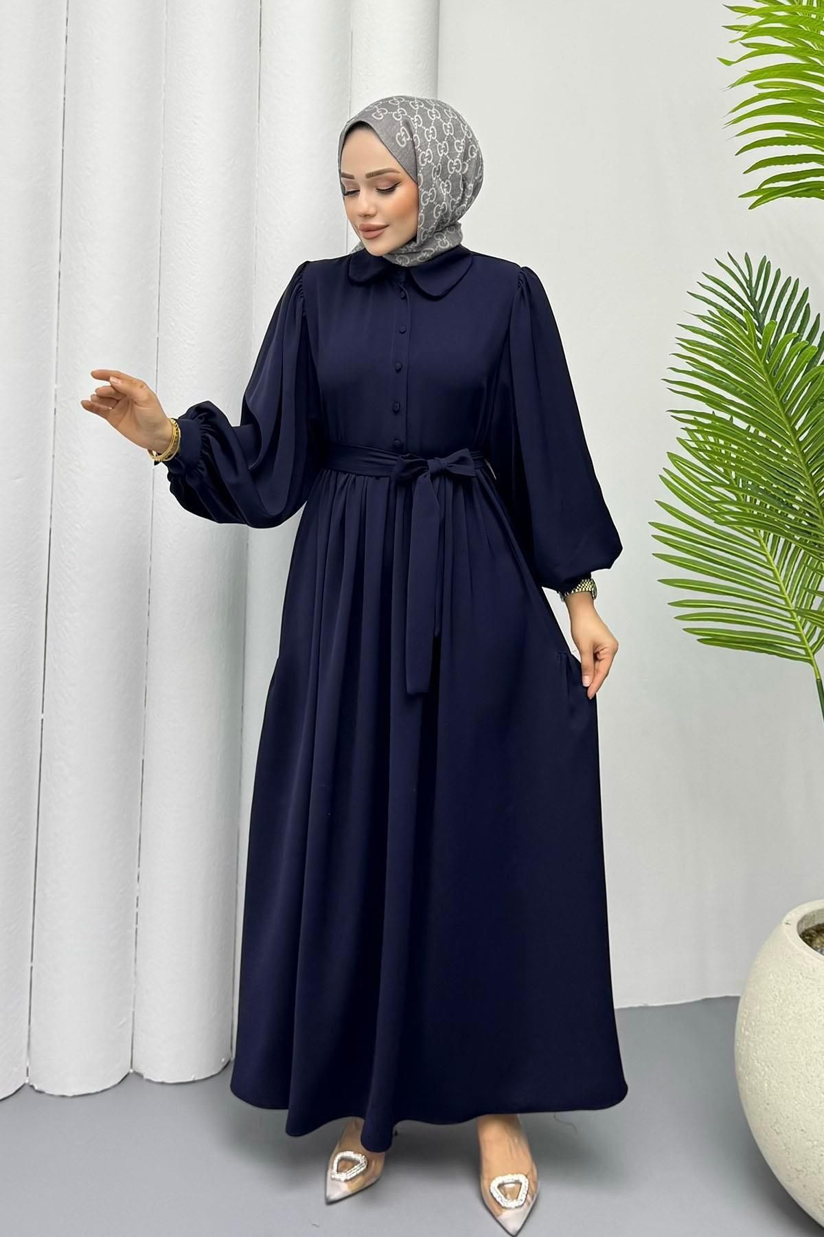 Modaensarbutik Yarım Düğmeli Bebe Yaka Twil Tesettür Elbise-LACİVERT S-M