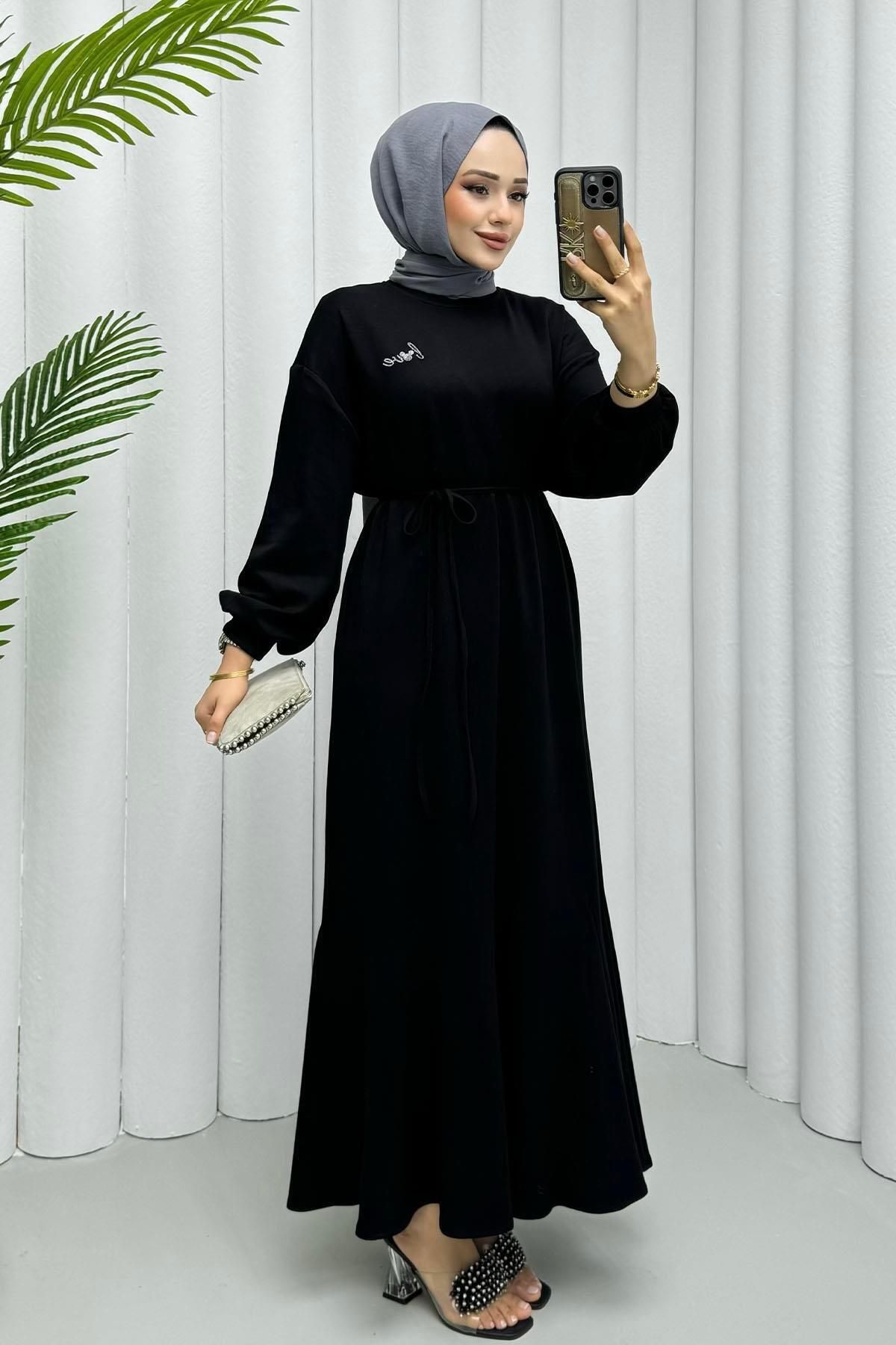 Modaensarbutik İşleme Detaylı Pinterest Tesettür Elbise-SİYAH