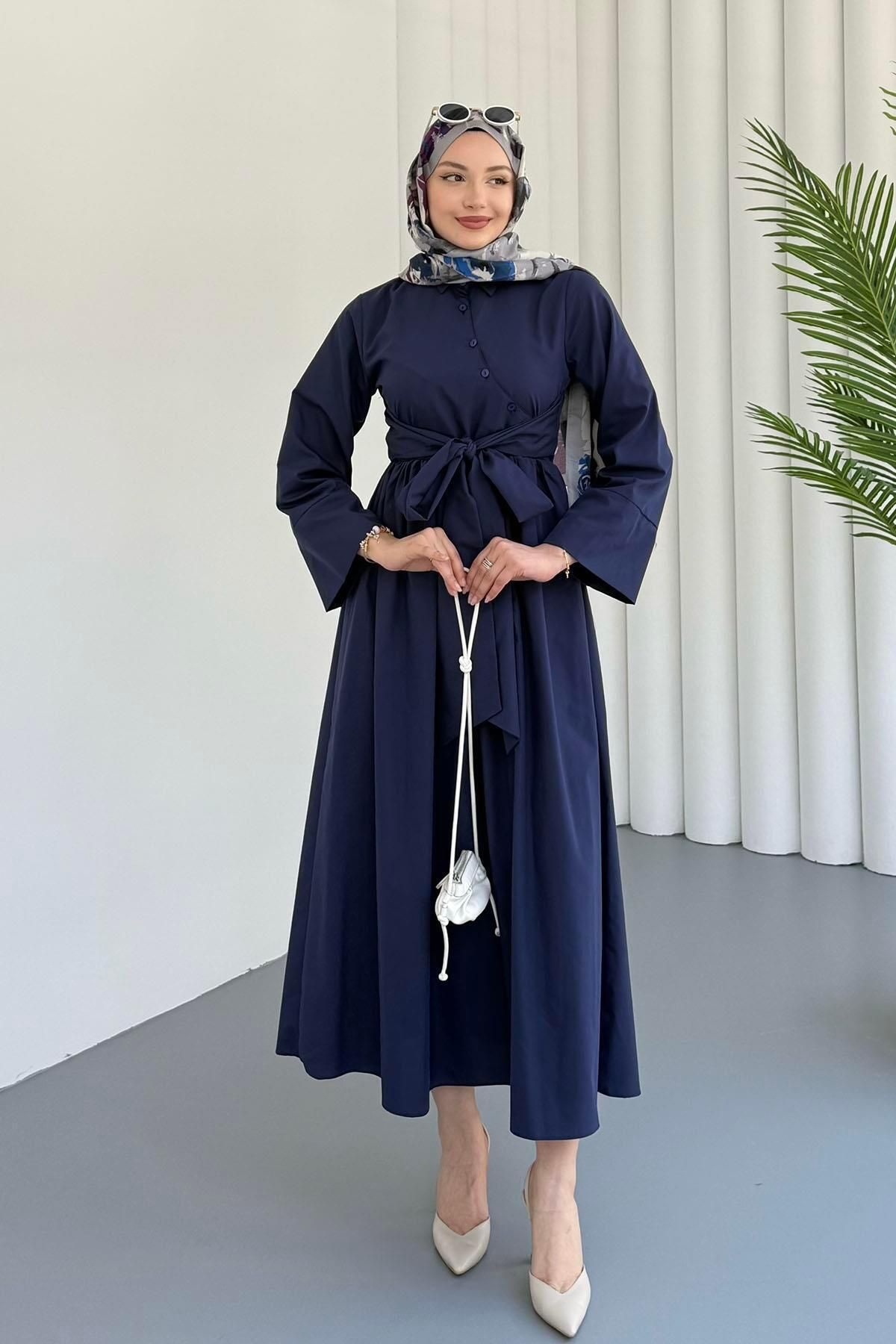 Modaensarbutik Çapraz Düğme Detaylı Bağlamalı Poplin Tesettür Elbise-LACİVERT