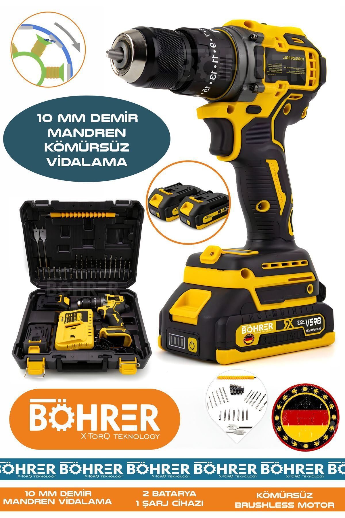 SerenityHaven ALMAN ÇİFT AKÜLÜ V298 5AH YELLOW 10MM DEMİR MANDREN DARBELİ VİDALAMA MATKAP