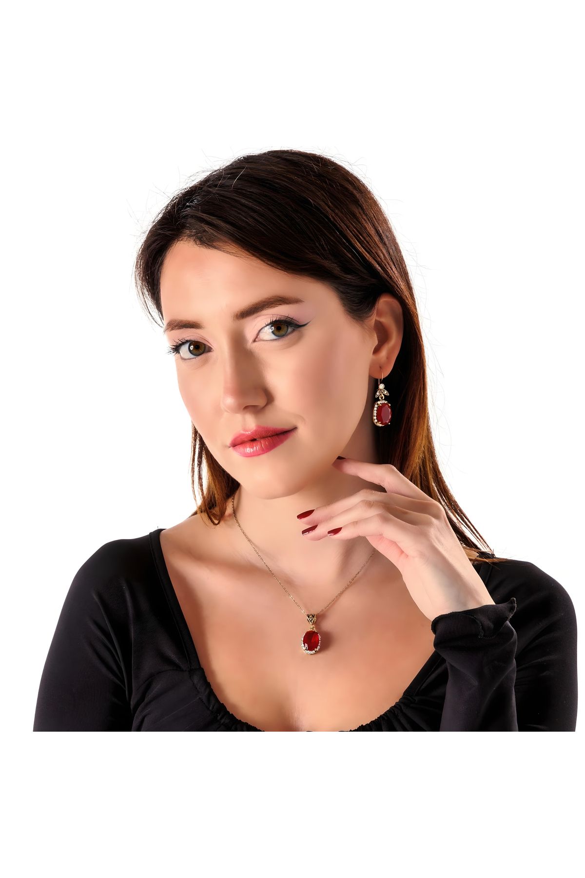 Atelier LEO Handmade Jewellery KÖSEM SULTAN KIRMIZI TAKIM BAKIR EL YAPIMI ZİRKON TAŞLI KARARMA YAPMAZ KADIN TAKI SETİ