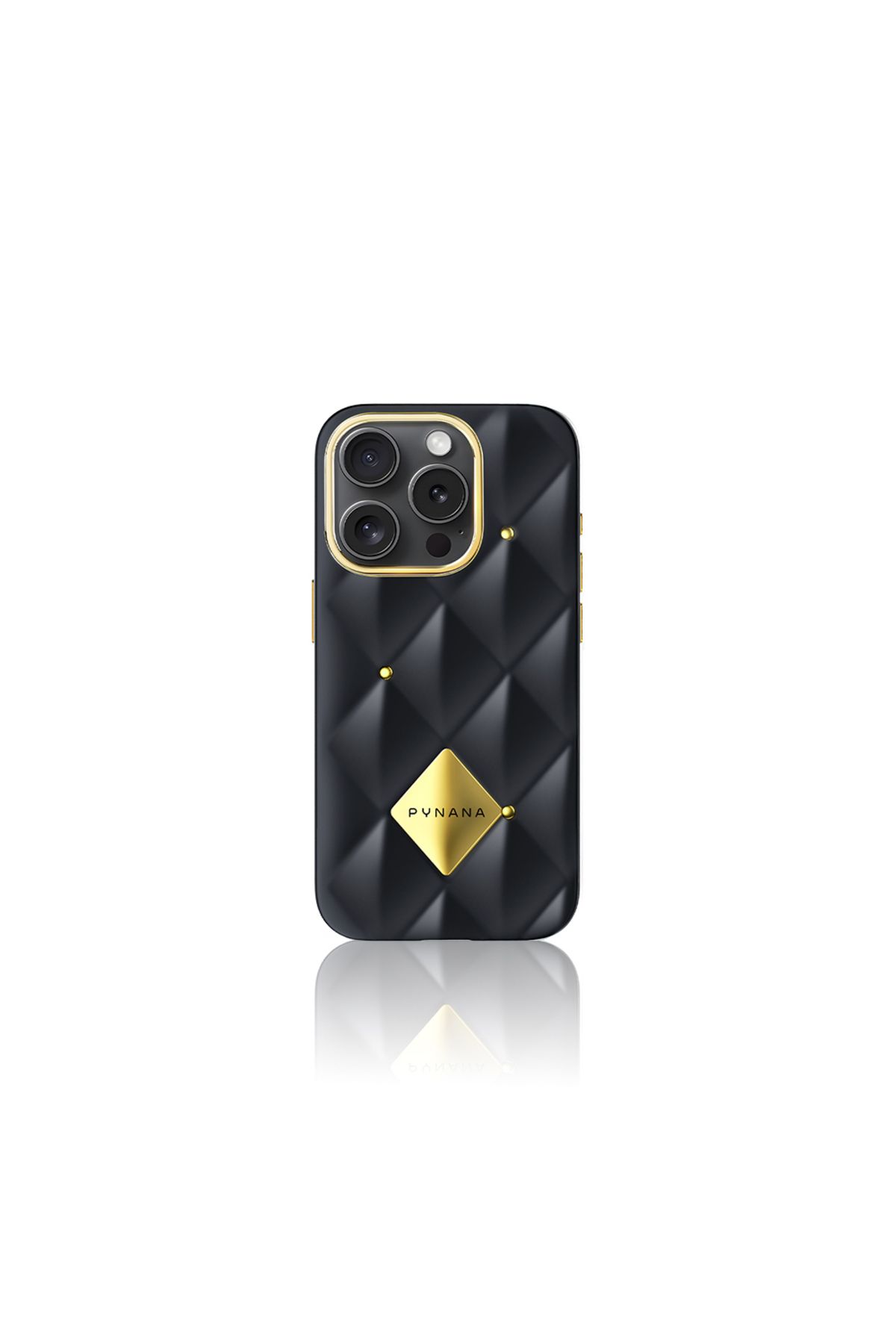 halkhouse İphone 16 Pro Kılıf Parlak Arka Yüzeyli Kabartma Tasarımlı Kapitone Pynana Metal Diamond Serisi Kapa
