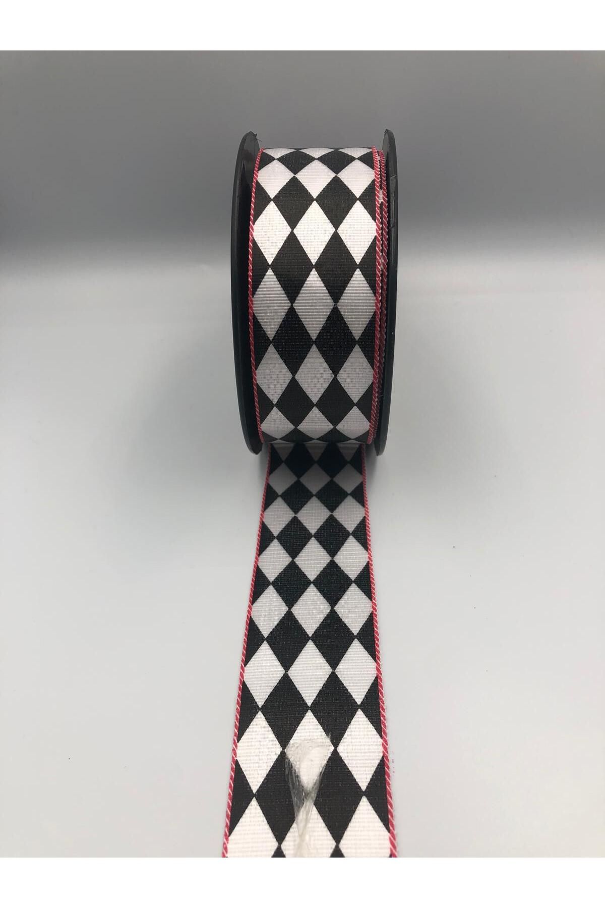 DUCK HOBY Dama Desen/ekose Siyah Beyaz Kurdele (3.5 cm Genişlik - 5mt Uzunluk)