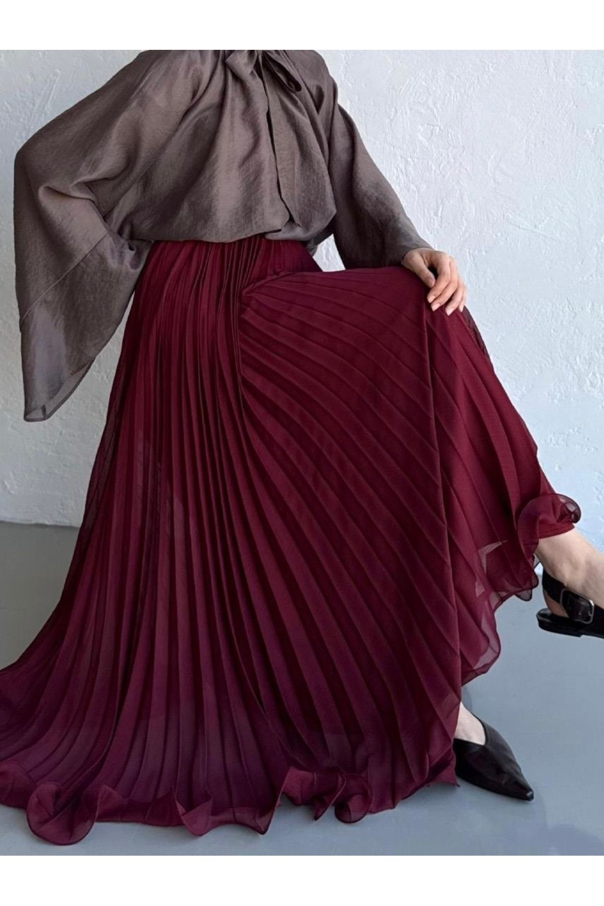 Hamado Fashion HMD Şifon Piliseli Astarlı Uzun Beli Lastikli Etek