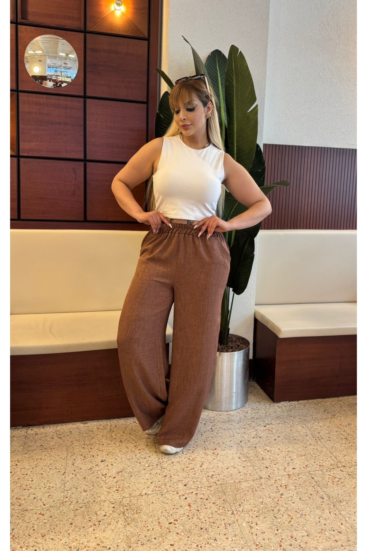 Butik Nilyam-Women's Plus Size Sofia Linen Casual Trousers with Elastic Waist and Pockets 21070 4