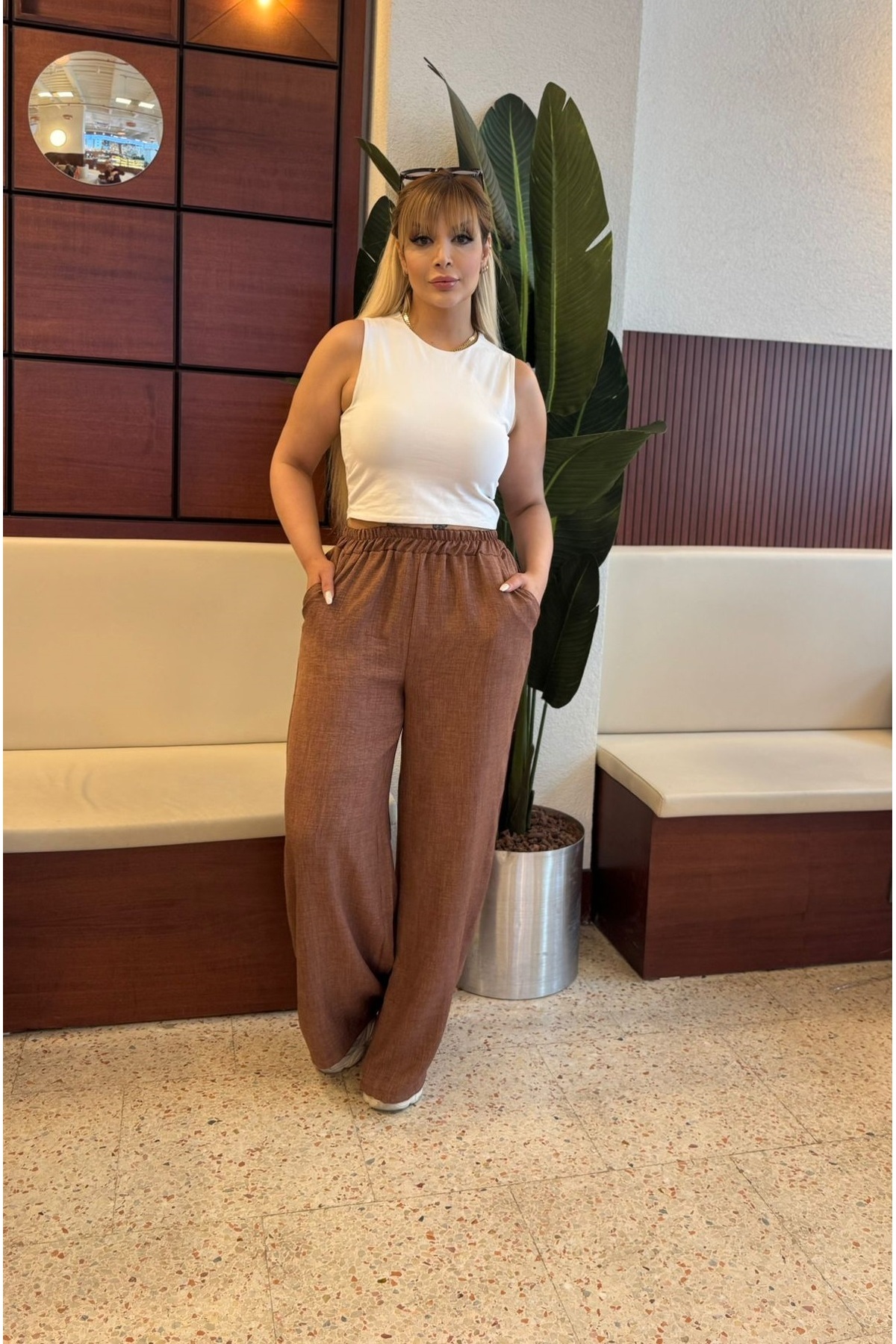 Butik Nilyam-Women's Plus Size Sofia Linen Casual Trousers with Elastic Waist and Pockets 21070 1