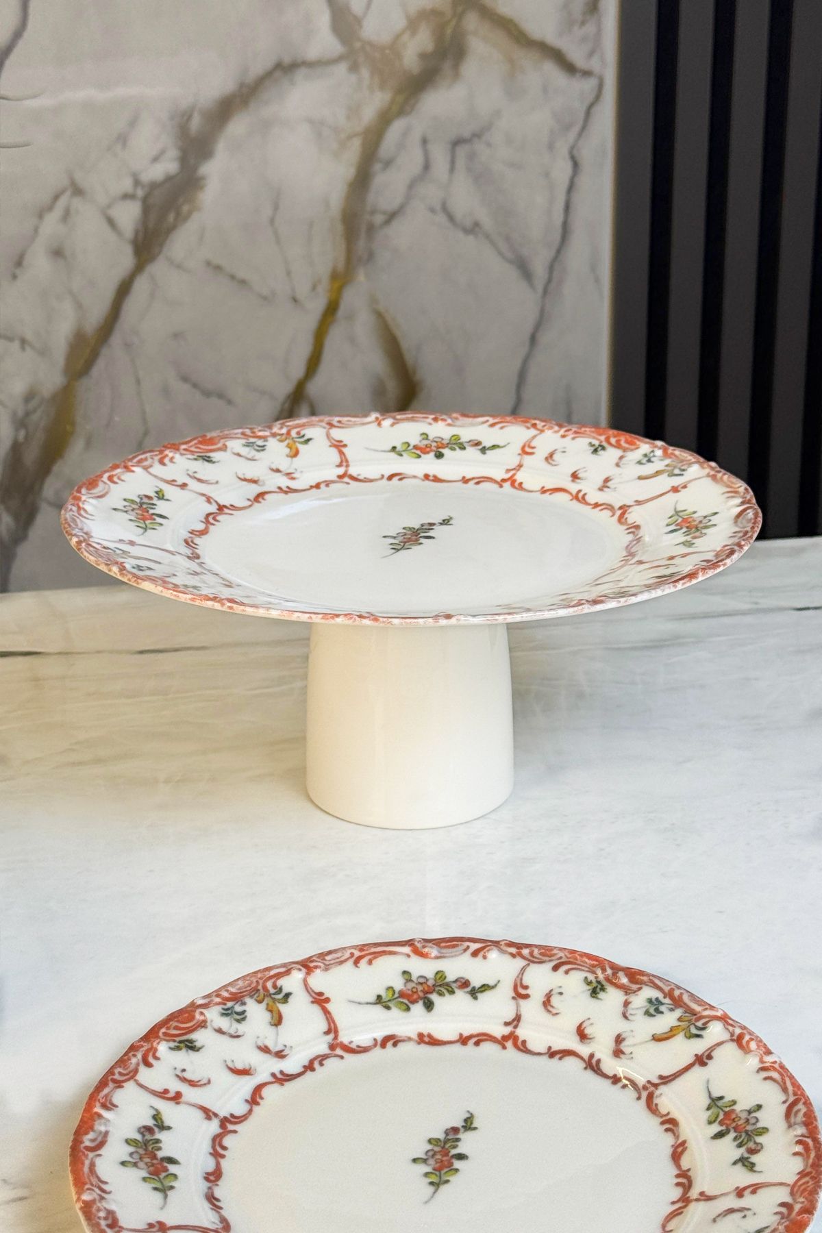 MAY HOME-7 Piece Porcelain Cake Presentation Set with Stand & Footed Cake Pie Cookie Serving Set 3